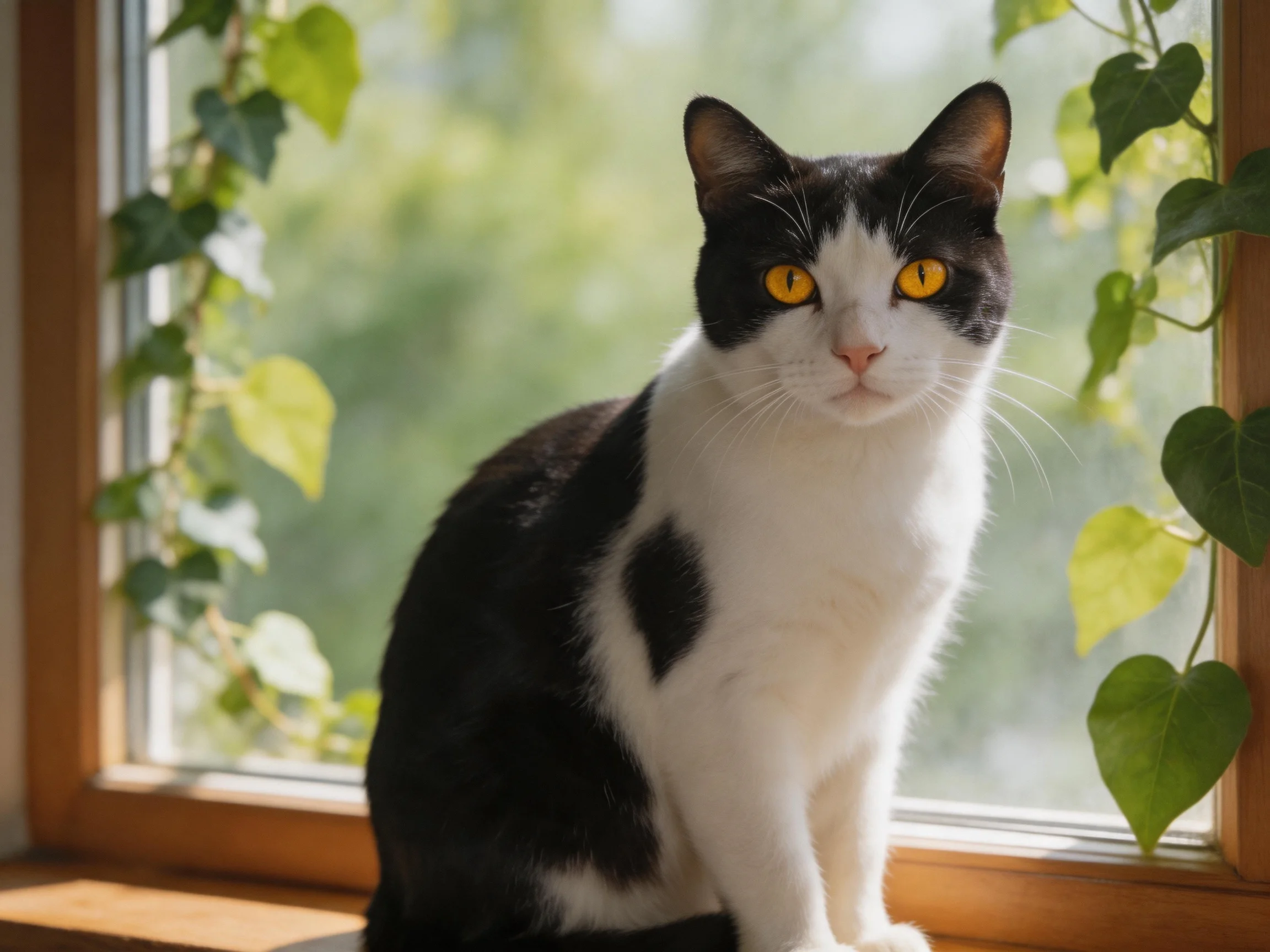 A black and white cat sits calmly near a sunlit window.