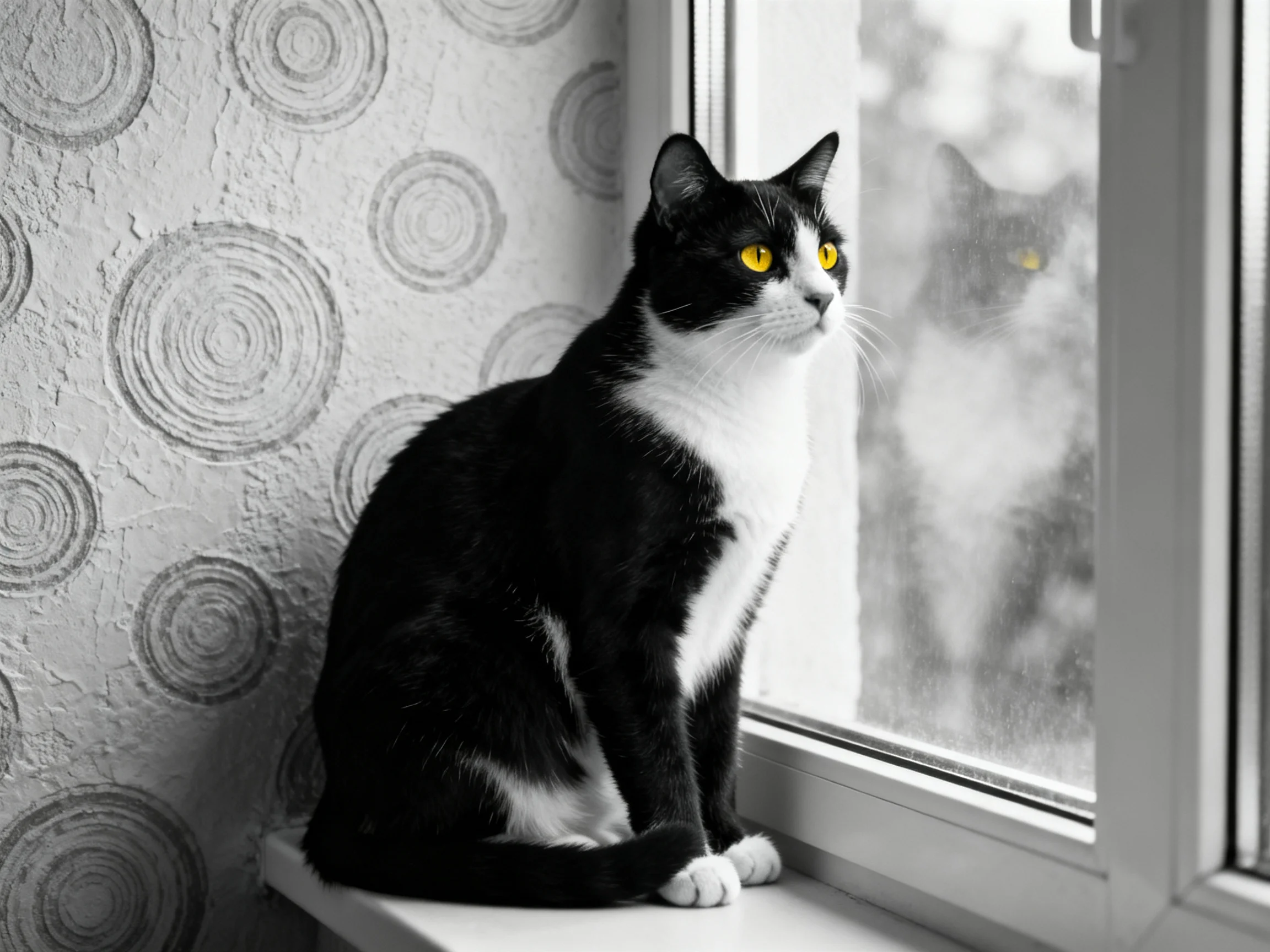 A black and white cat sits by a window with a reflective glass pane