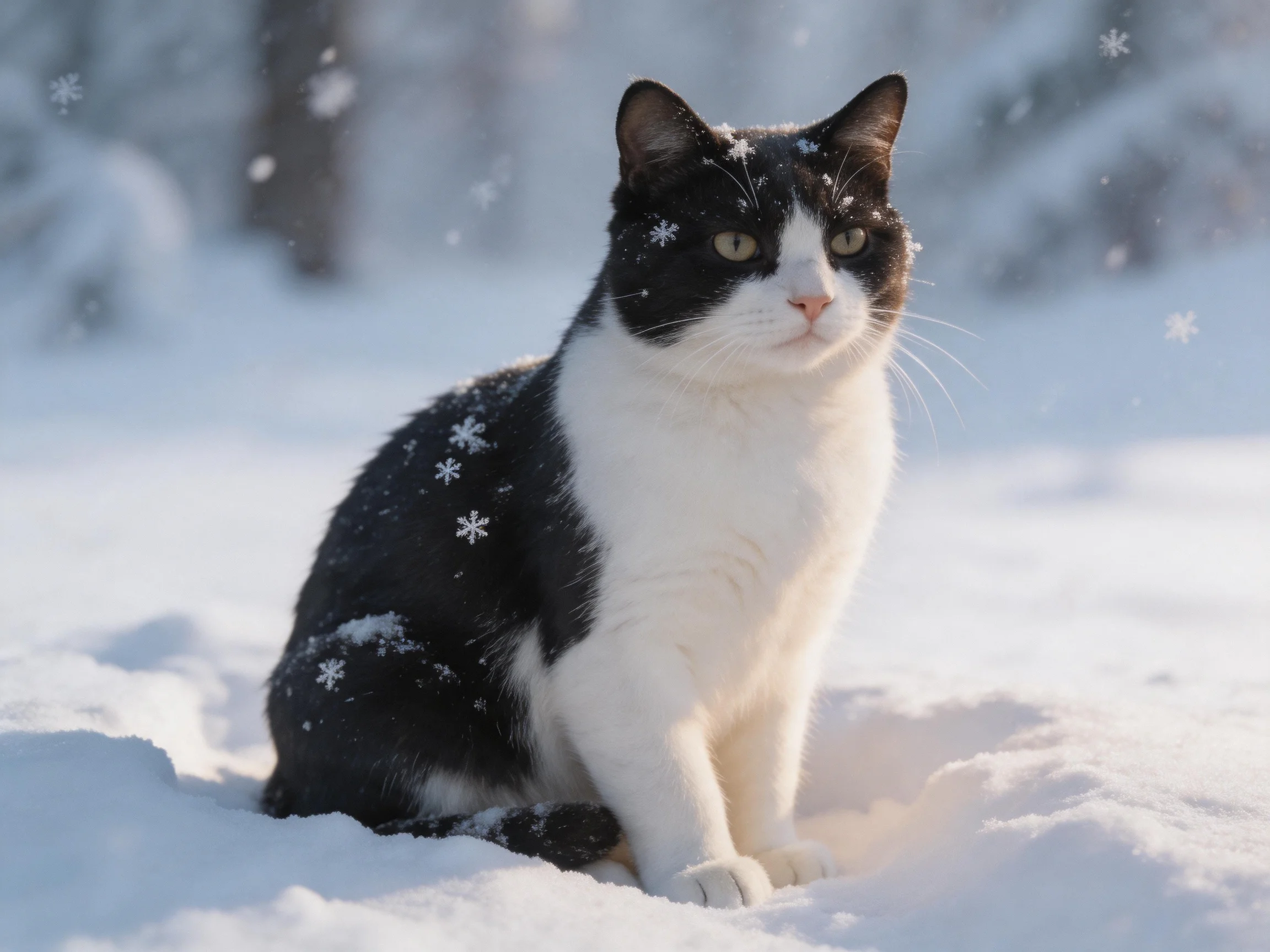 A black-and-white cat sits in snow with falling snowflakes