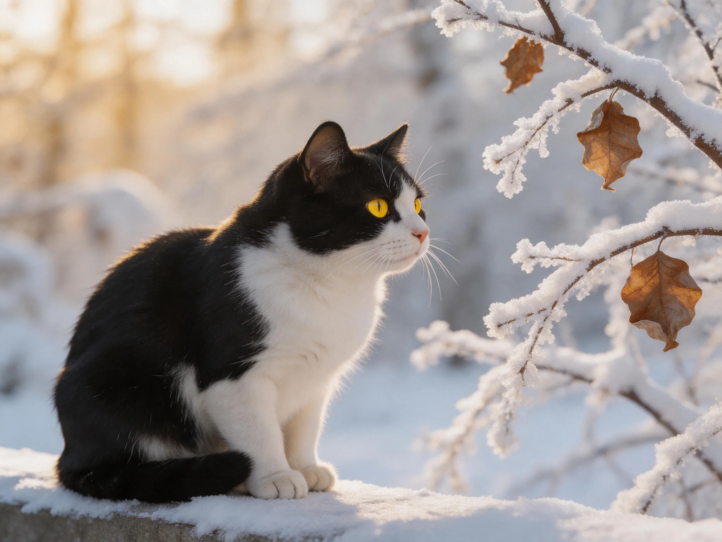 A black-and-white cat sits beside frosty, snow-laden branches in a winter scene.