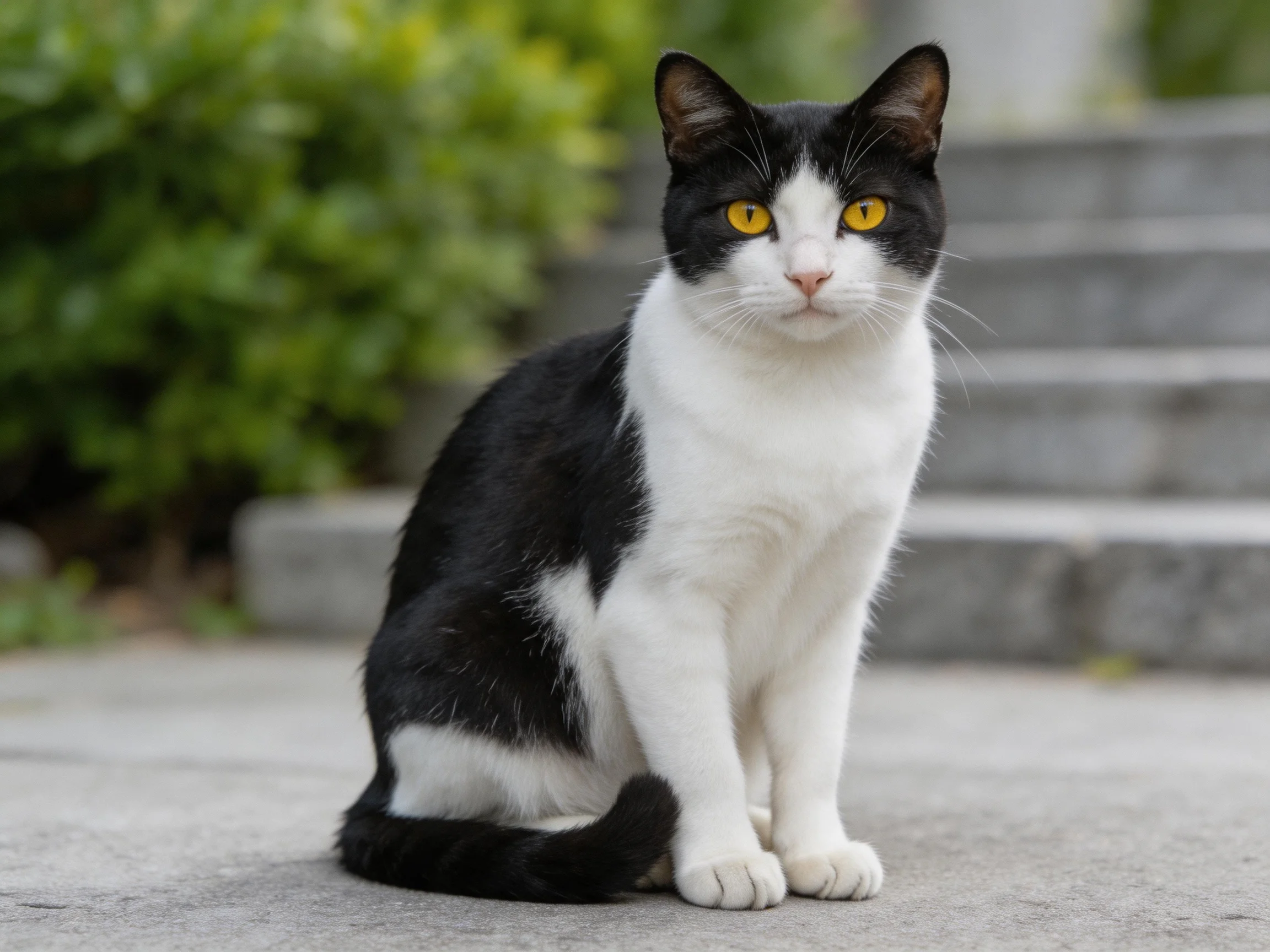 A black and white cat sits calmly near stone steps with greenery in the background.