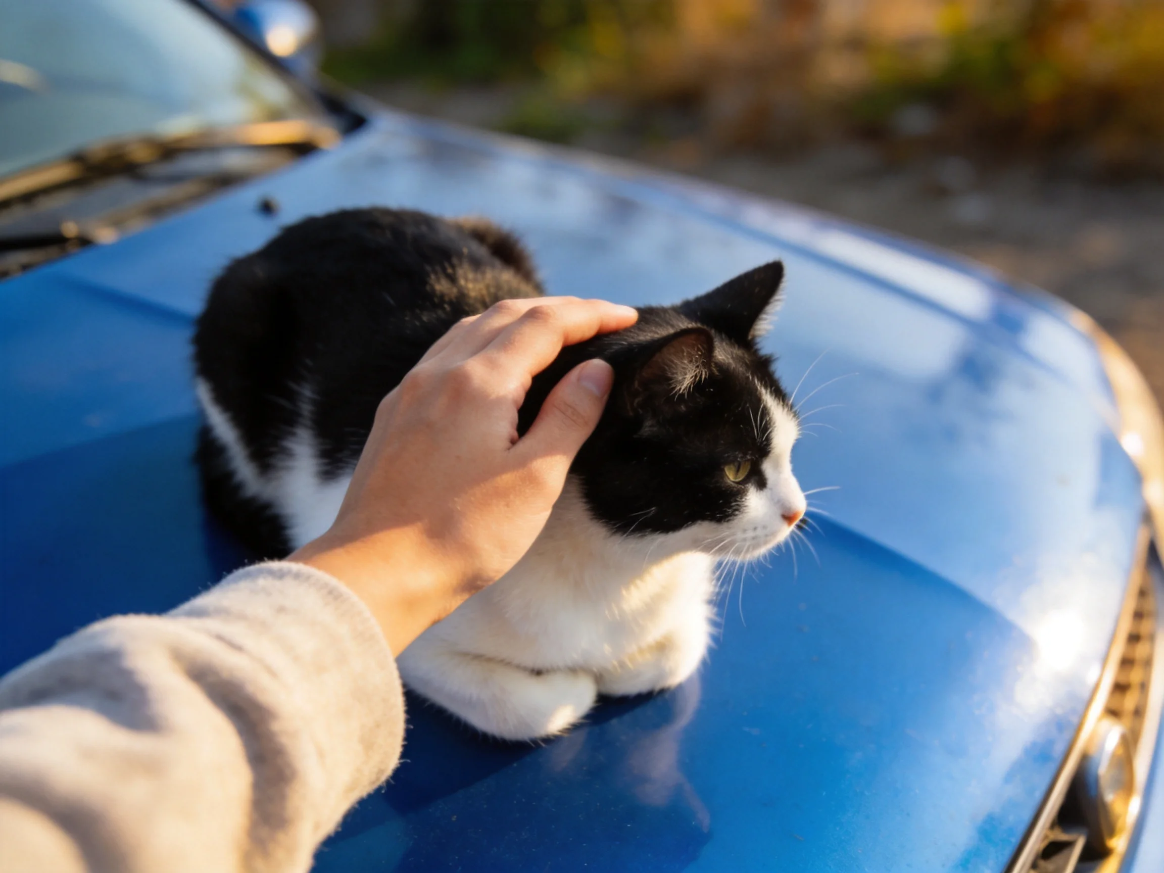 A black and white cat rests on a blue car hood as a hand pets it.