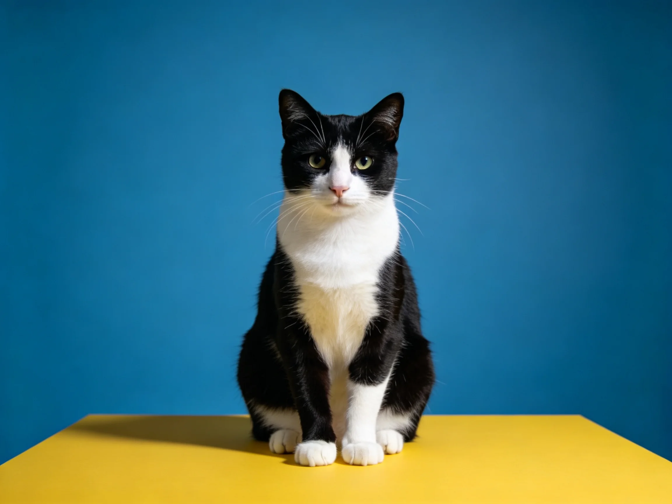 A black and white cat sits calmly on a yellow table with a blue background.