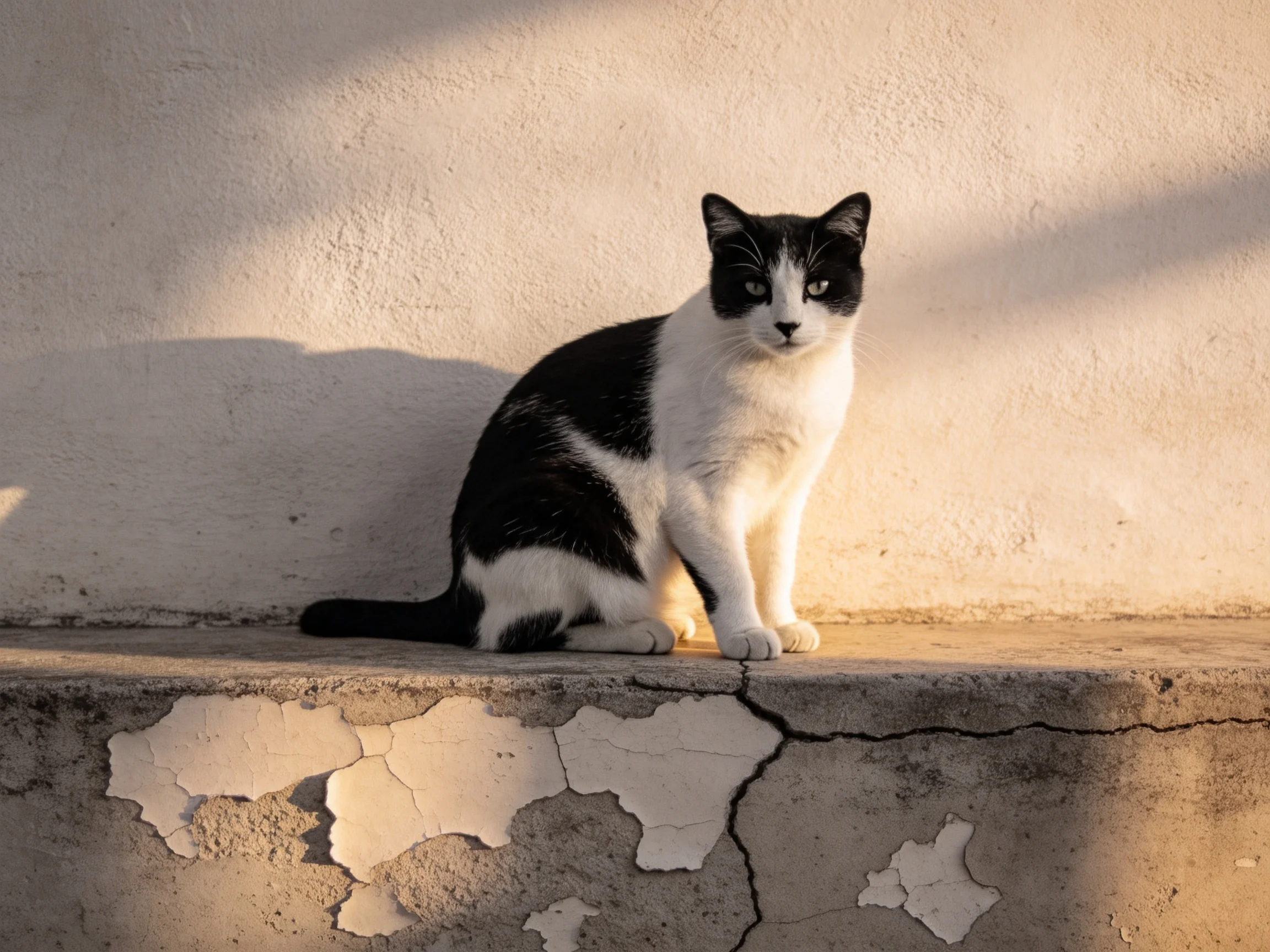 A black-and-white cat sits on a cracked concrete ledge against a textured wall