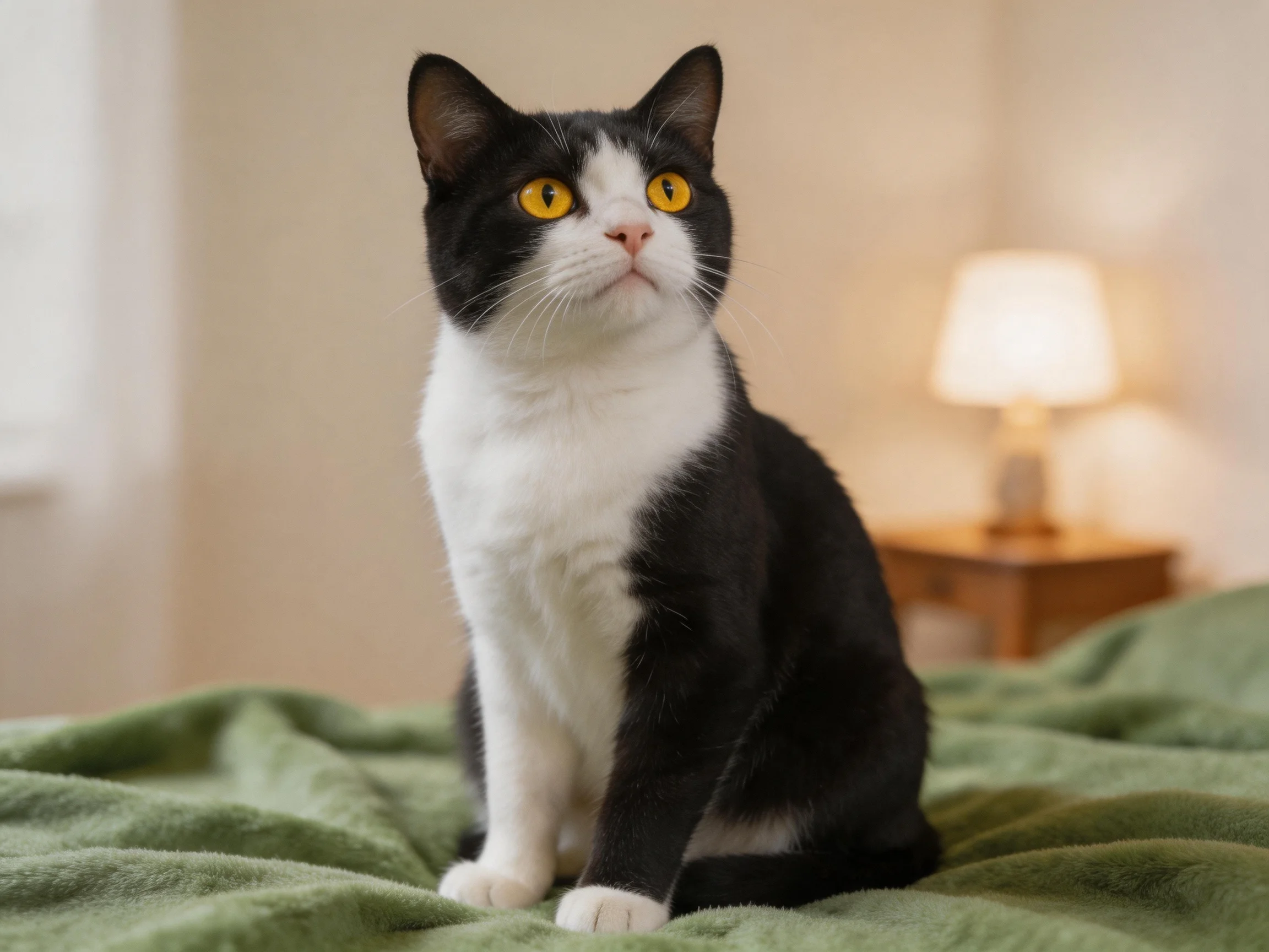 A black and white cat sitson a green bedspread in a softly lit room.