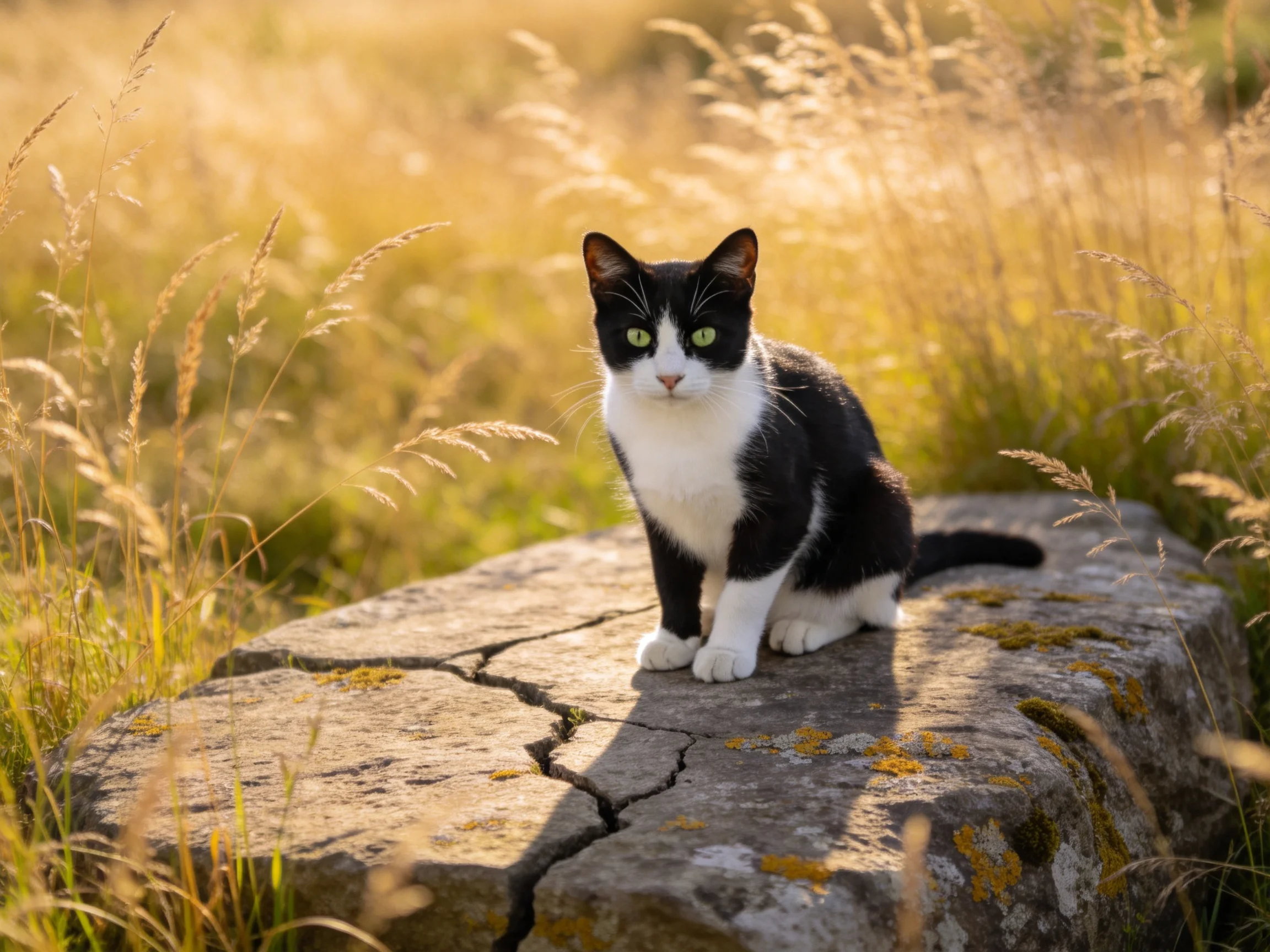 A black-and-white cat rests on a stone slab in a sunlit field of tall grass.