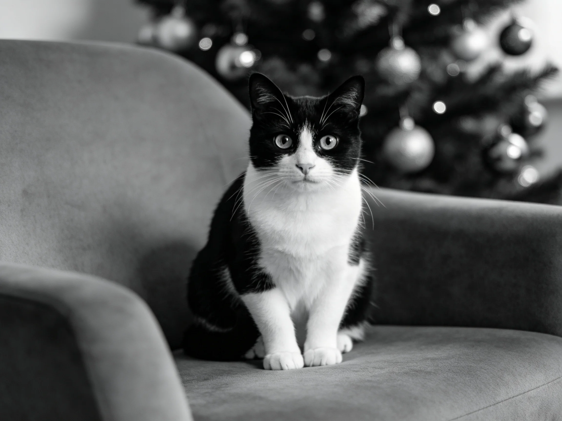 A black and white cat sits on an armchair with a decorated Christmas tree in the background