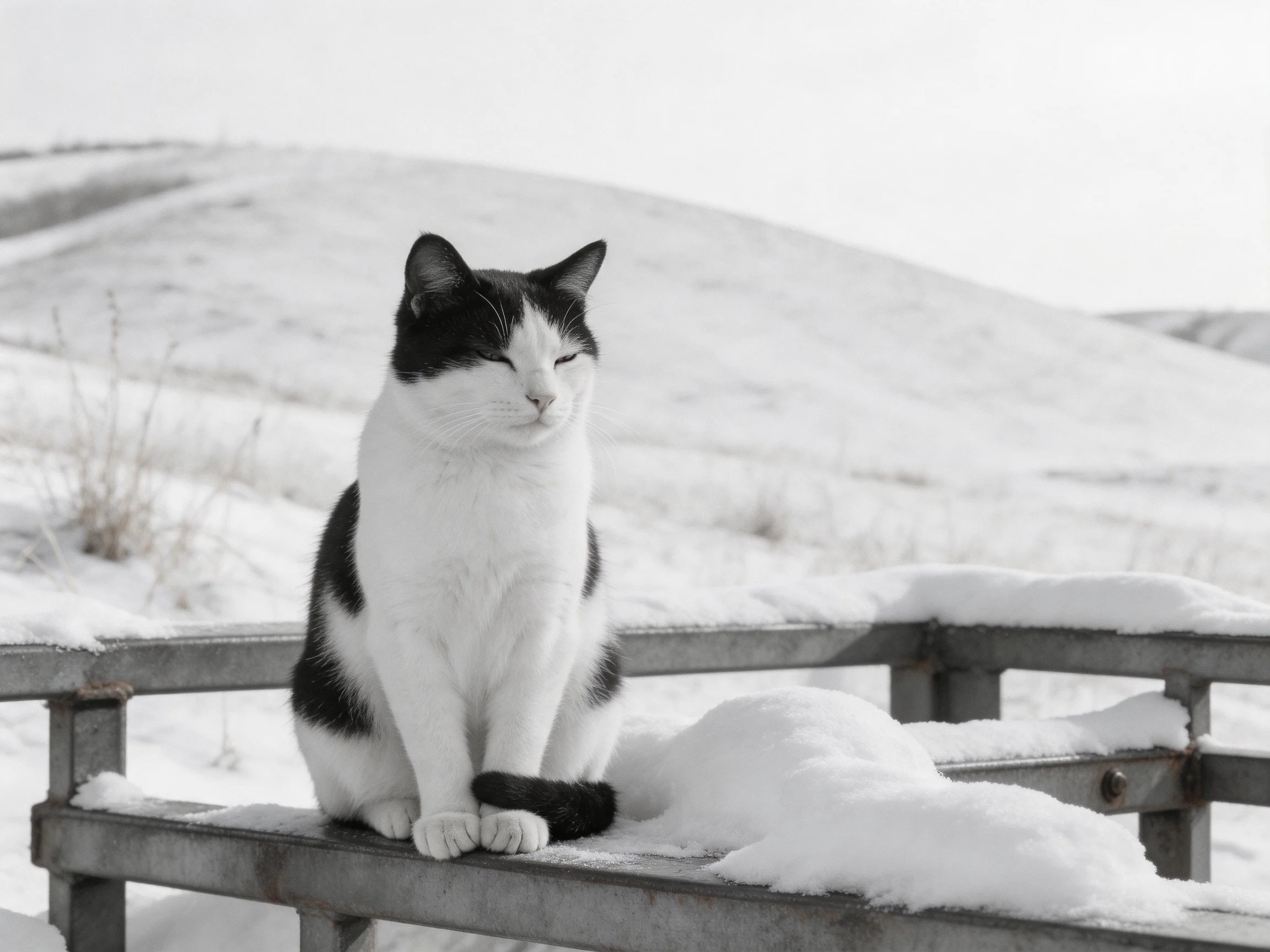 A black-and-white cat sits on a snow-covered bench in a wintry landscape