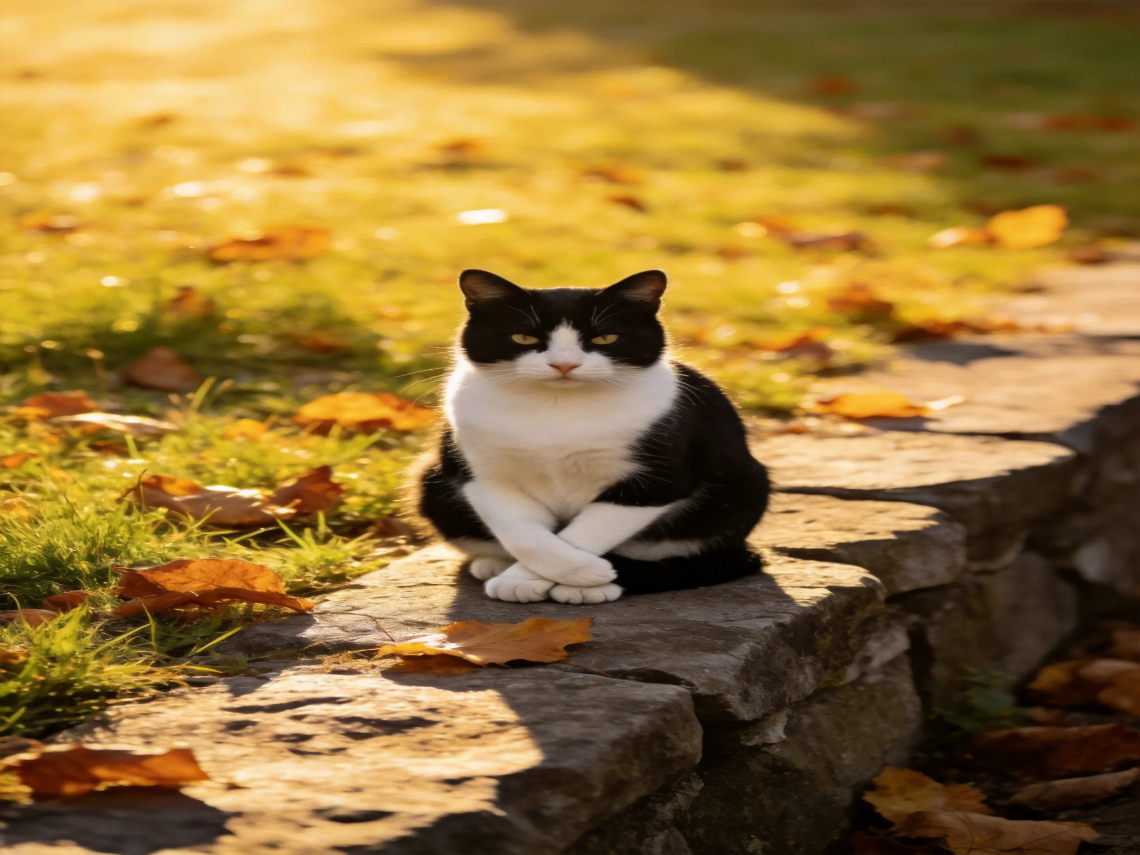 A black-and-white cat relaxes on a stone ledge among by fallen autumn leaves in a sunlit outdoor area.