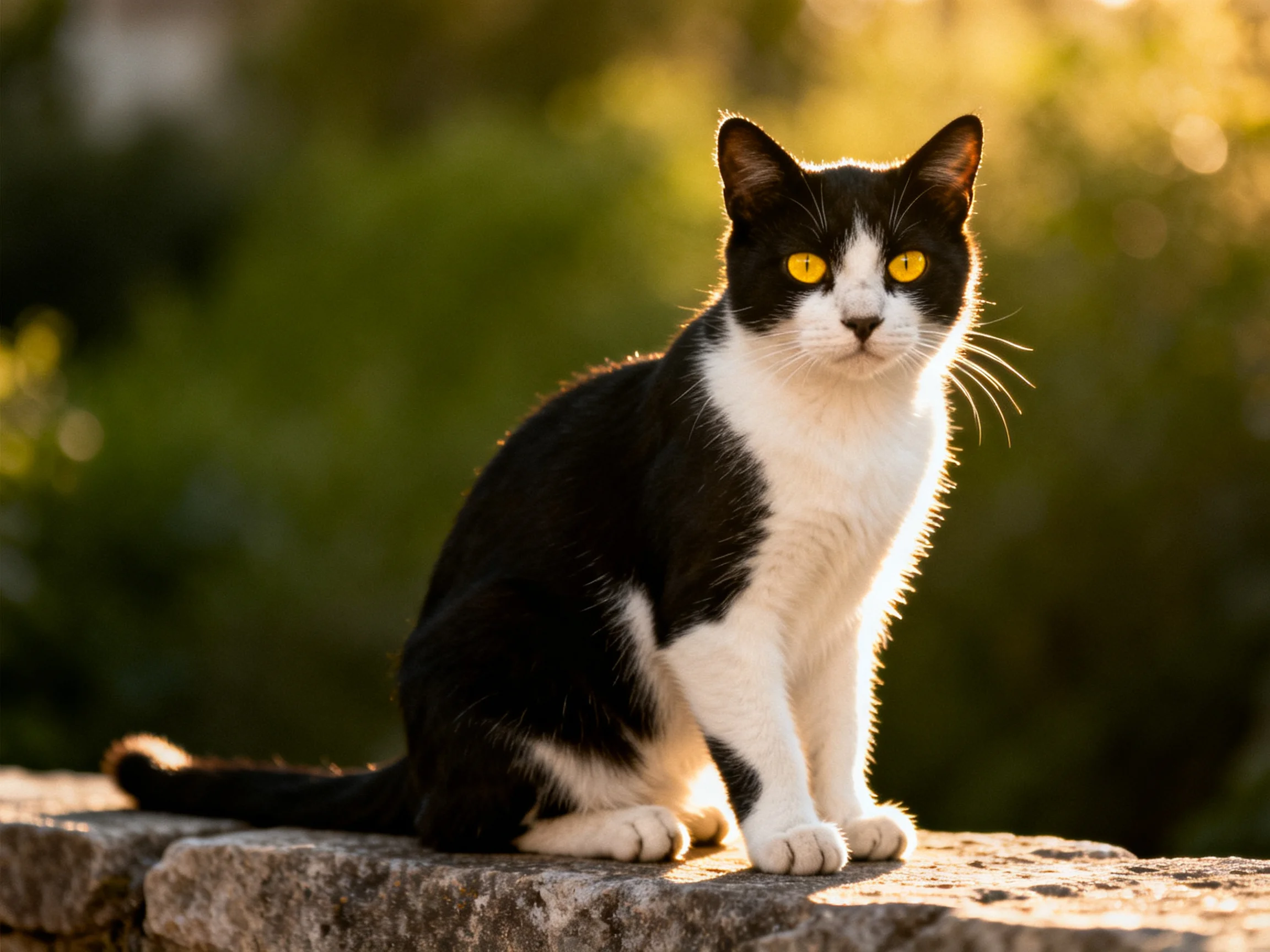 A black-and-white cat sits calmly a stone ledge in a sunlit outdoor setting.