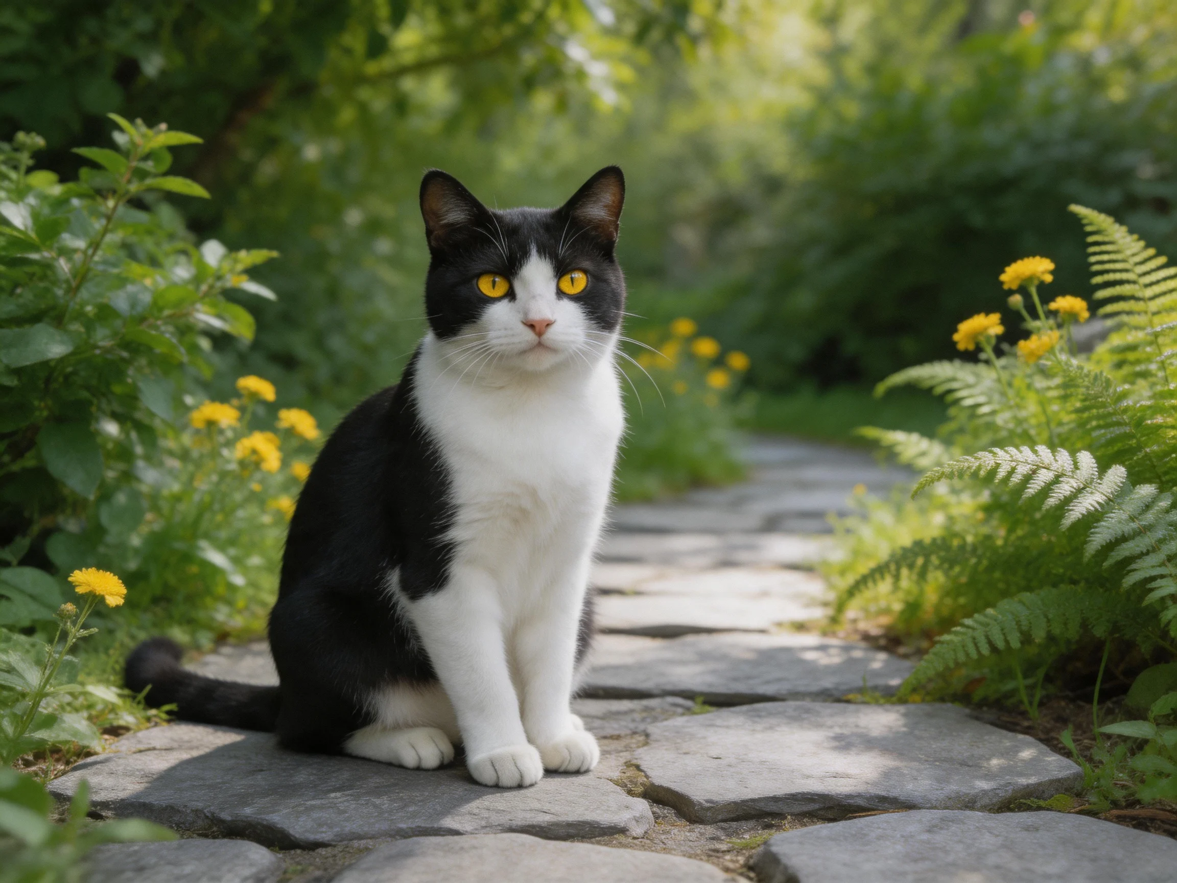 A black-and-white cat sits on a stone path in a verdant garden with.
