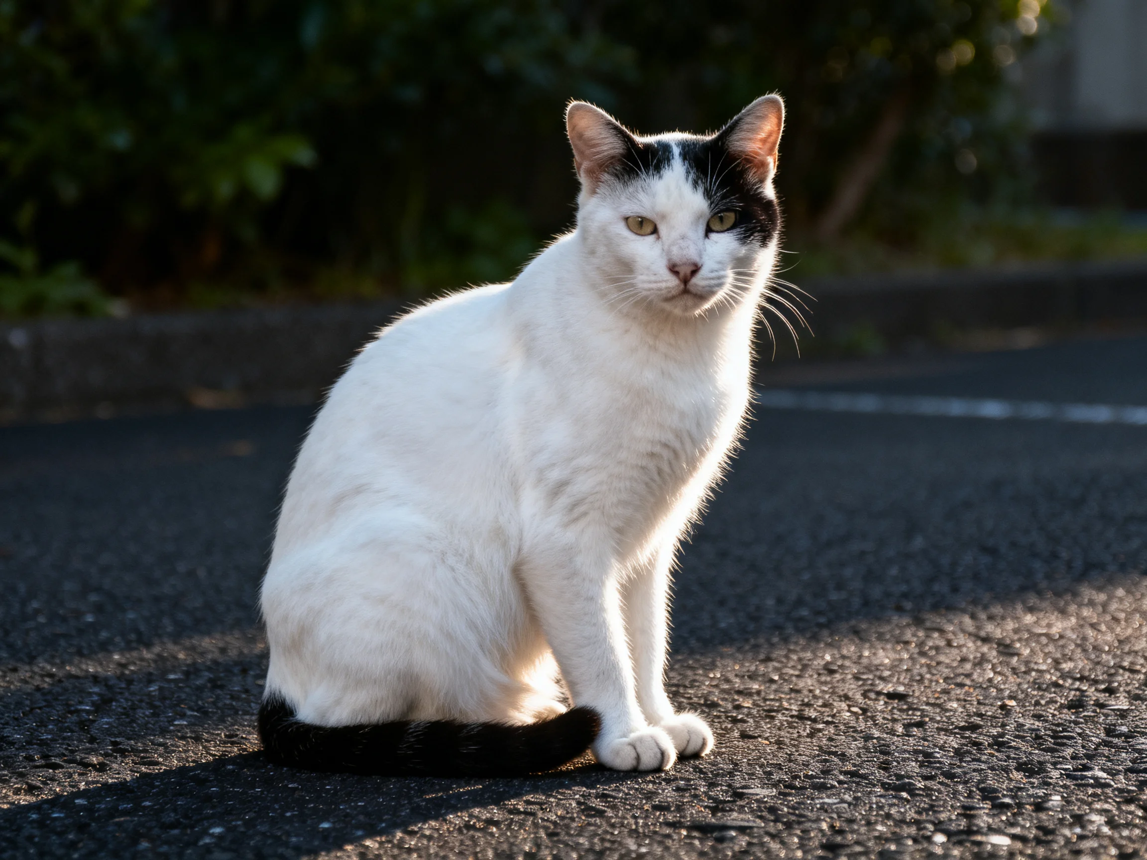 A black-and-white cat sits calmly on a sunlit road.