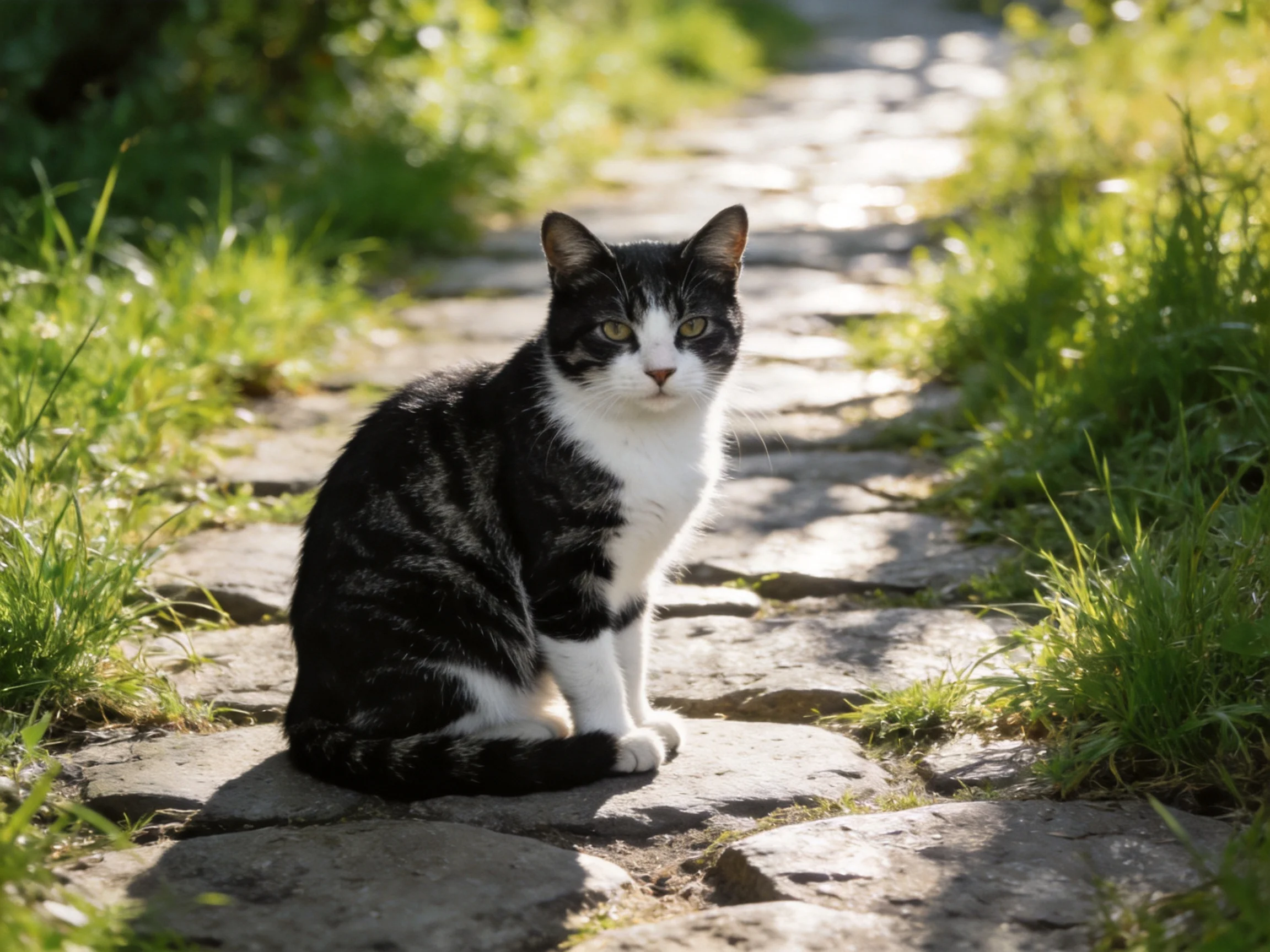A black-and-white cat sits on a sunlit cobblestone path near greenery.