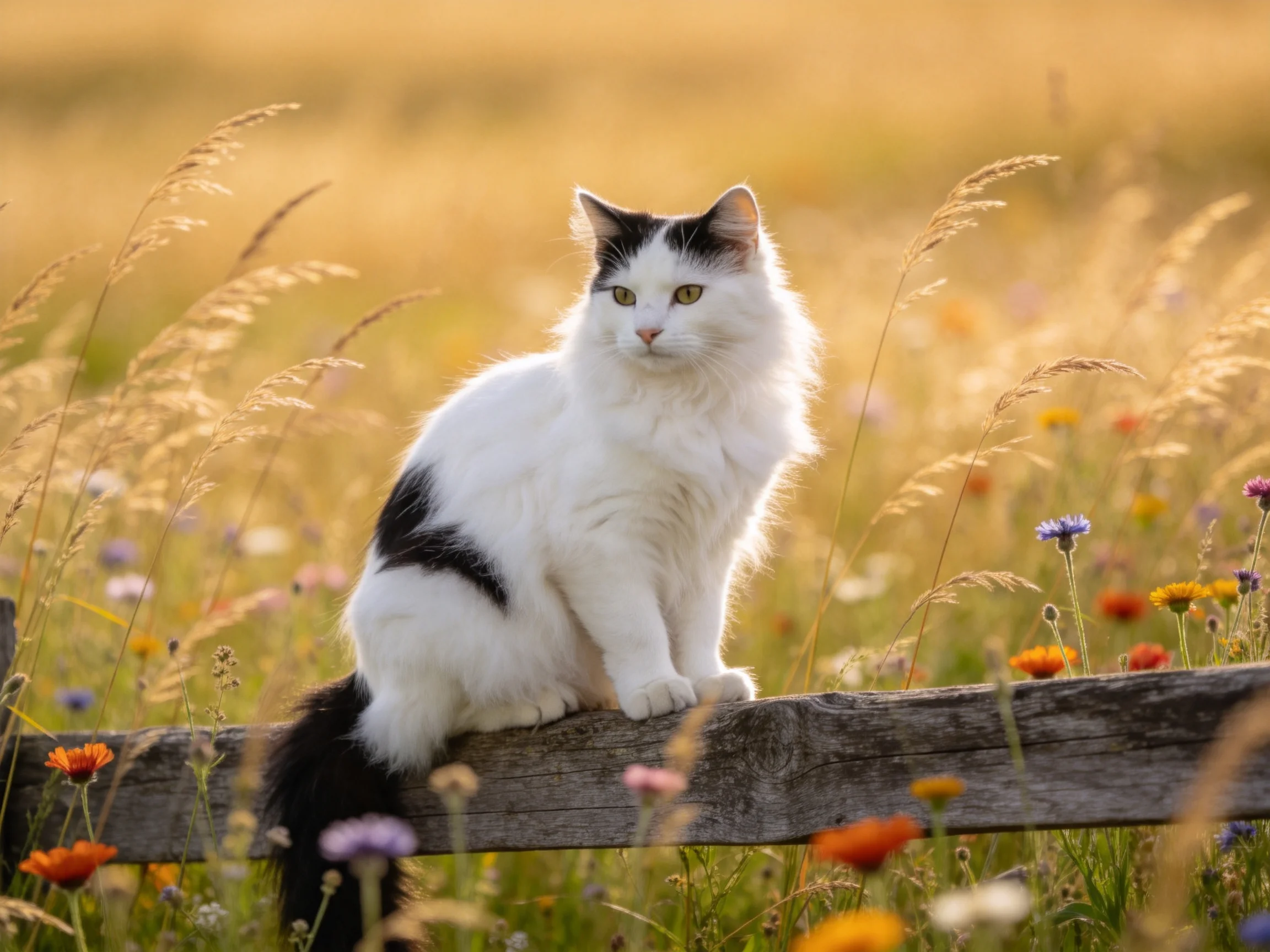 A black-and-white cat sits on a weathered fence amid a golden wildflower field