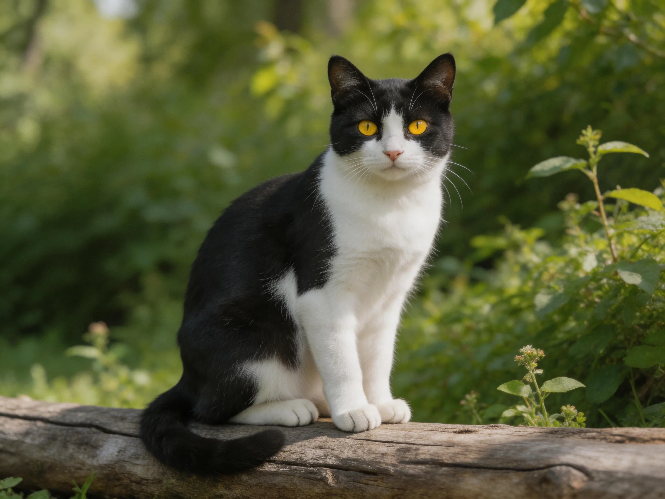 A black and white cat sits on a weathered log amid lush green foliage