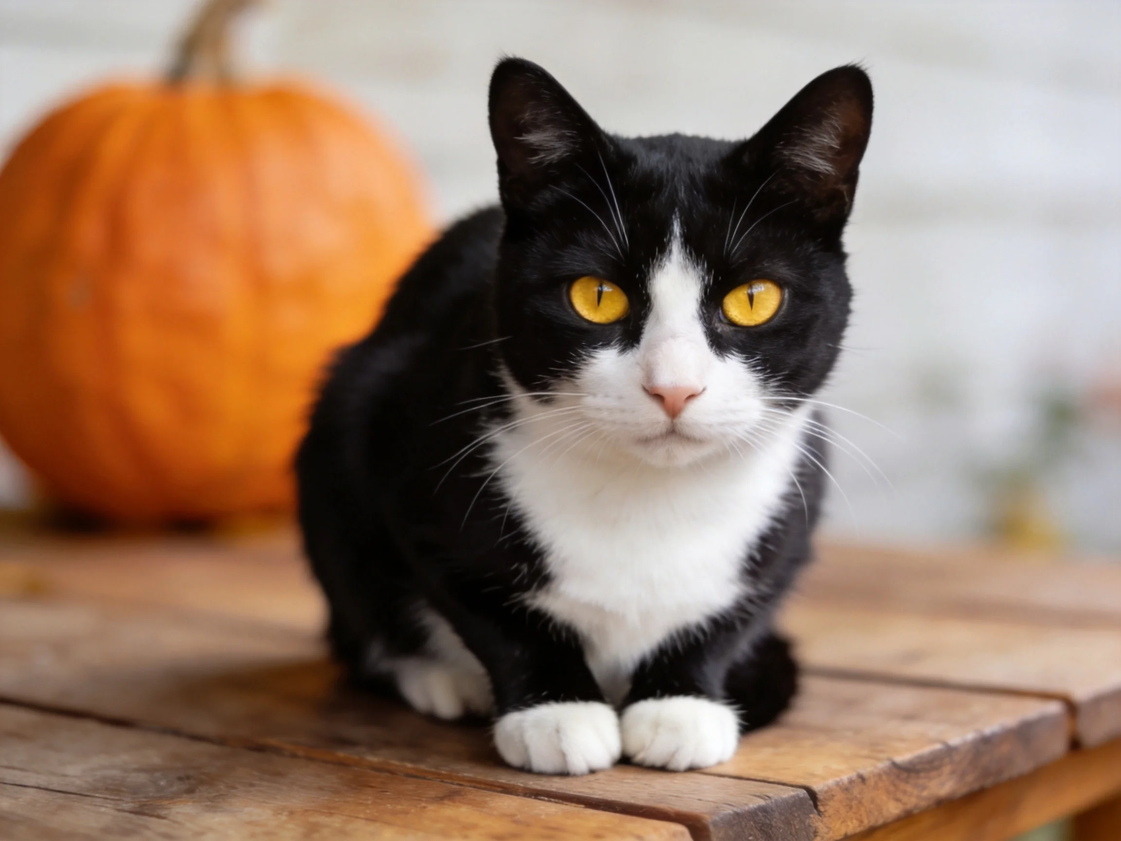 A black and white cat sits on a wooden table beside an orange pumpkin