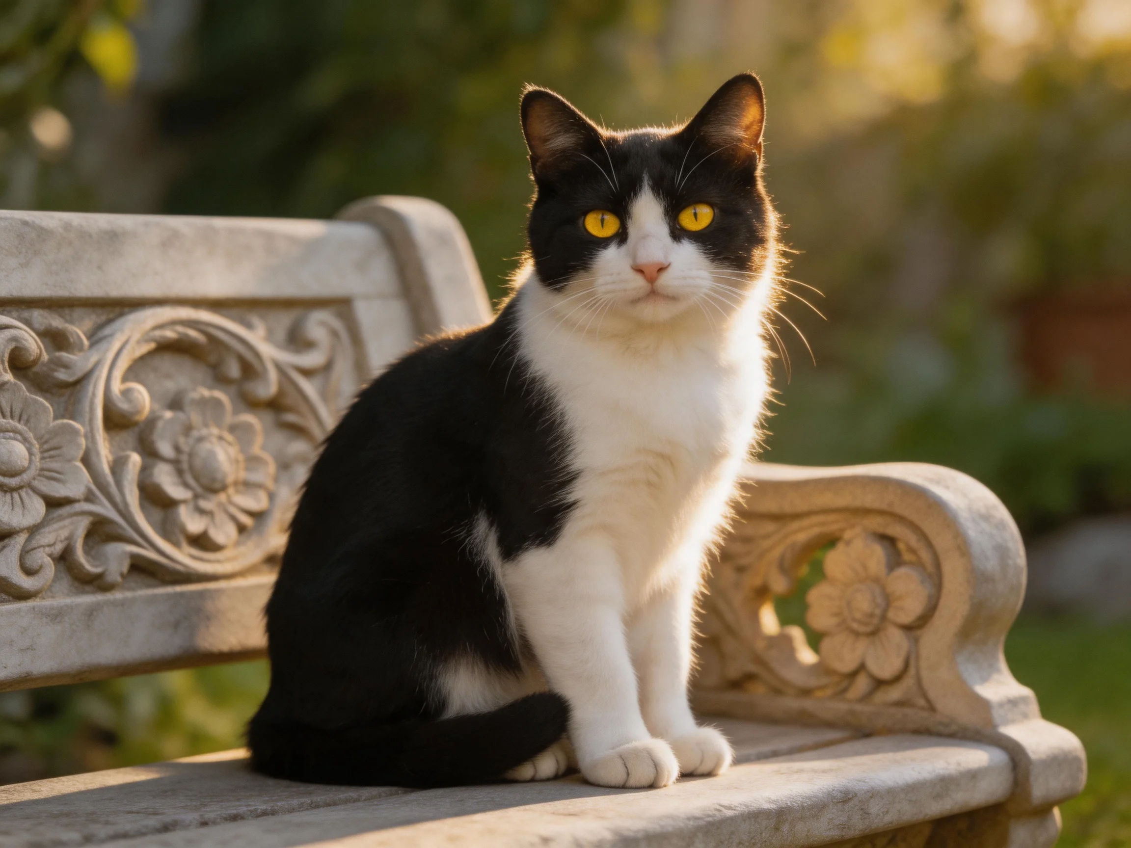 A black and white cat sits on an ornately carved stone bench outdoors