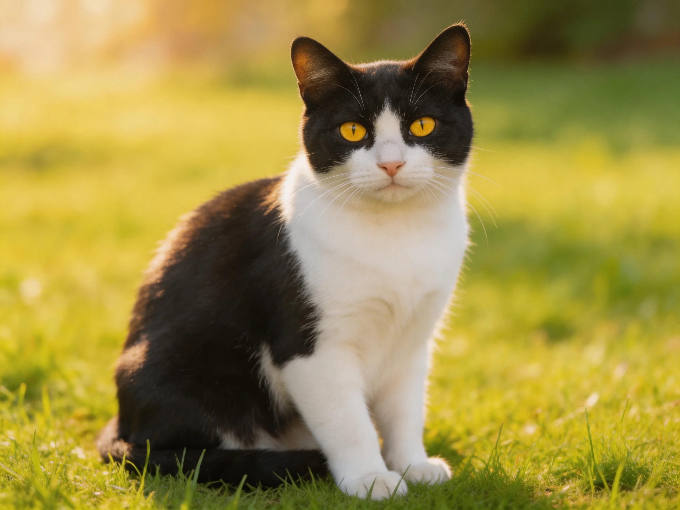 A black and white cat sits on sunlit green grass