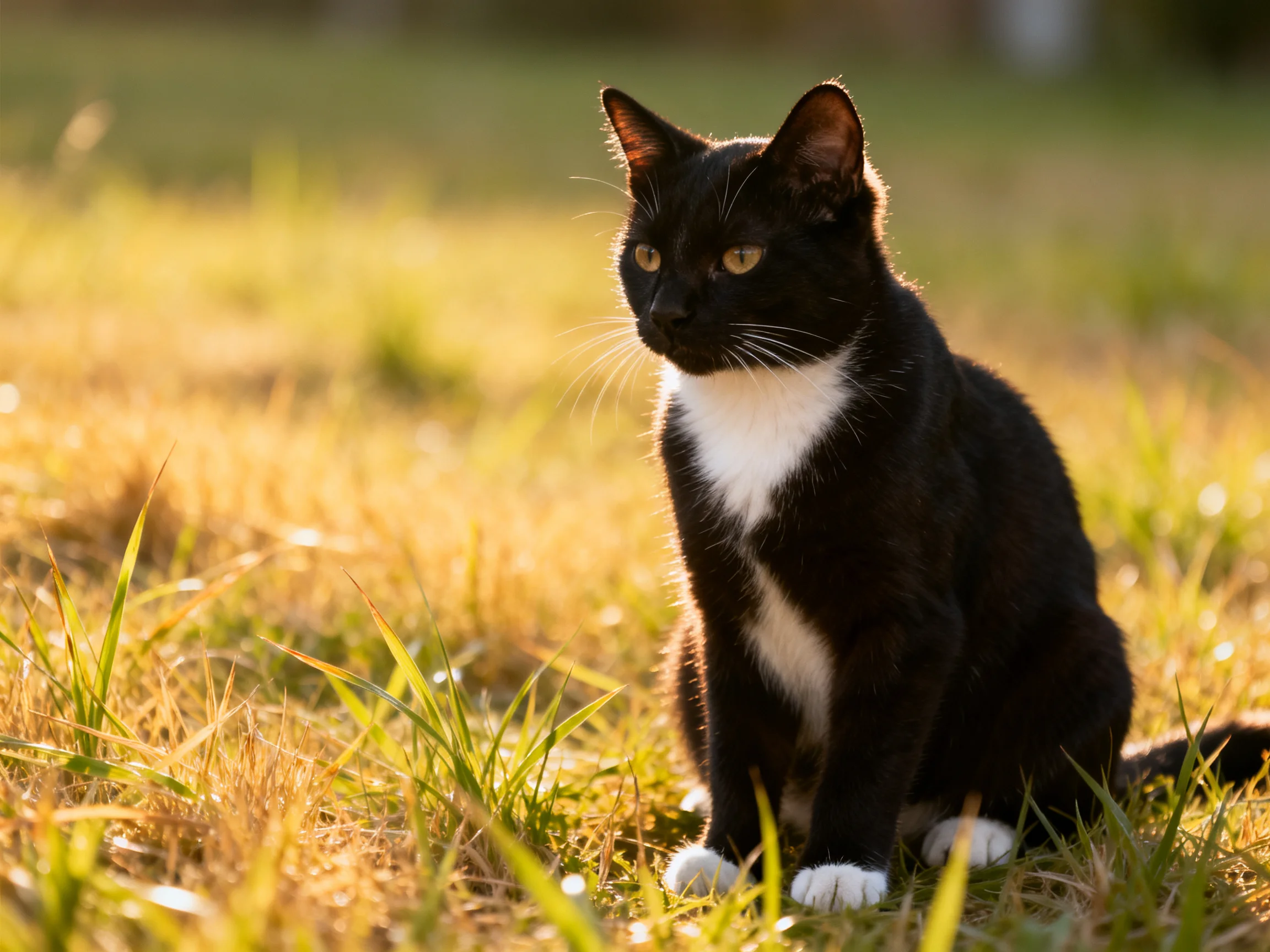 A black and white cat sits serenely in sunlit golden grass