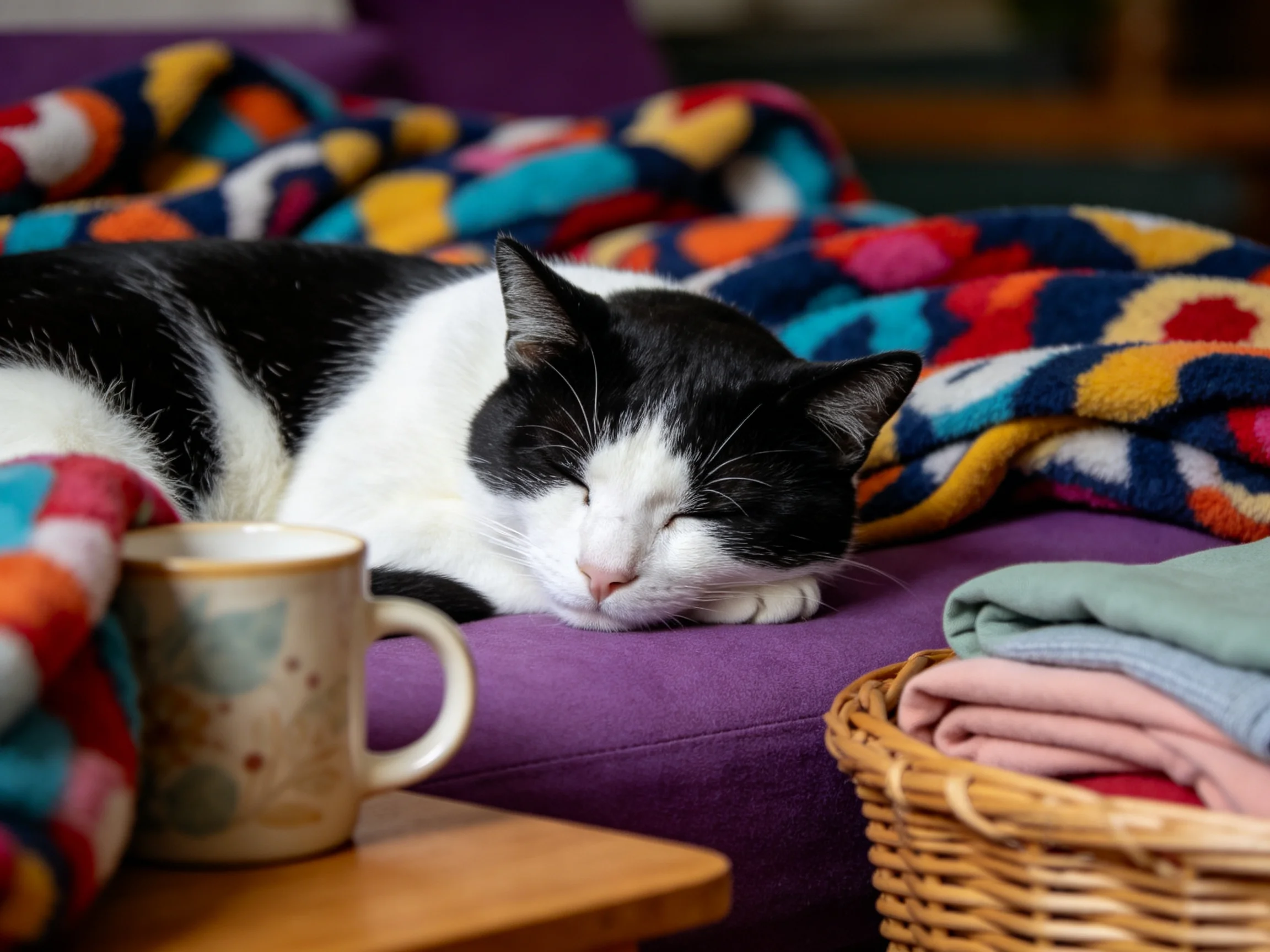 A black and white cat sleeps on a purple couch with colorful blankets