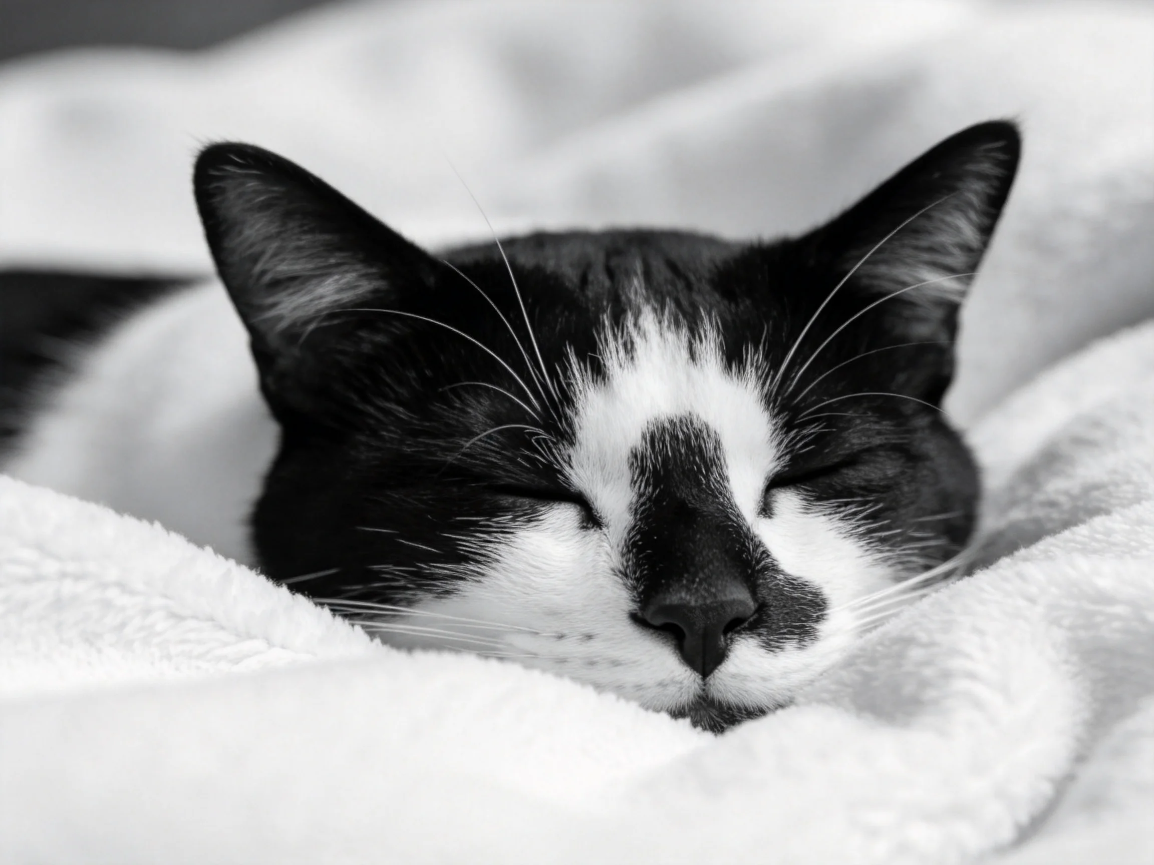 A black and white cat sleeps on soft, textured blankets