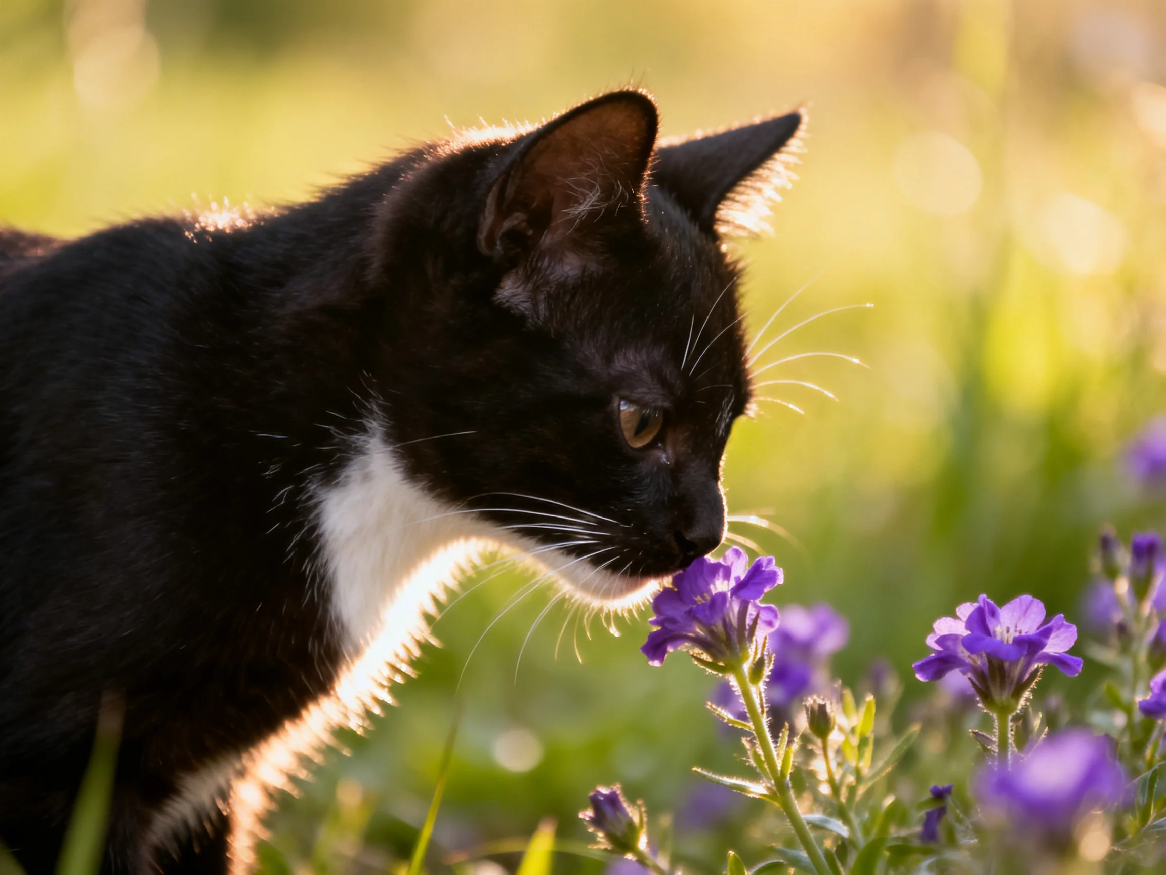 A black-and-white cat sniffs vibrant purple flowers in golden sunlight