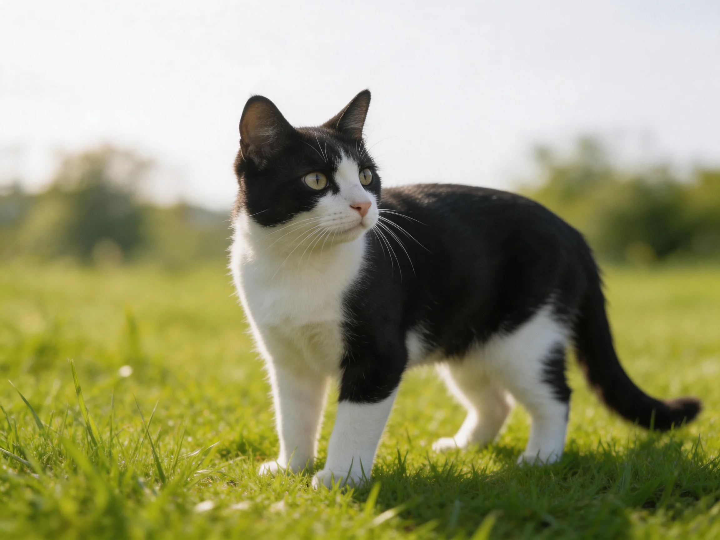 A black and white cat stands alertly in a sunlit meadow
