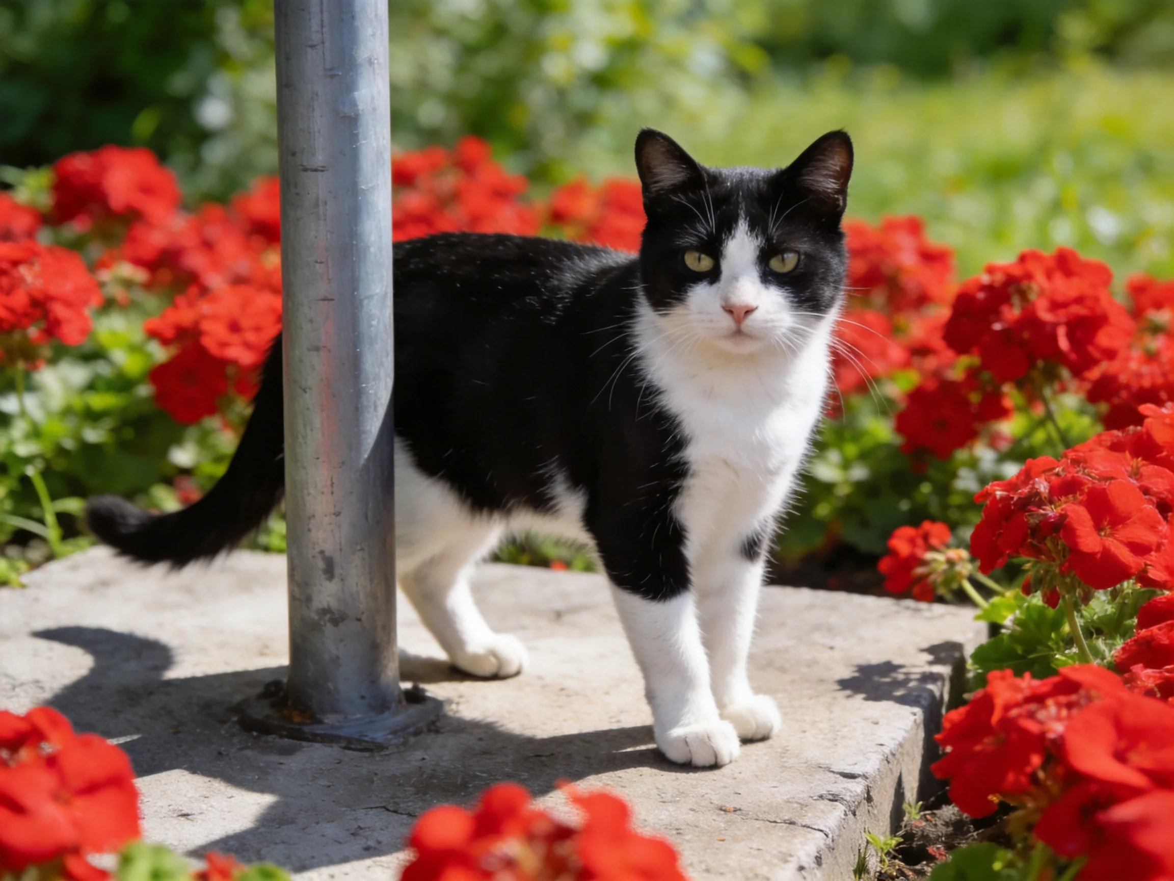 A black-and-white cat stands amid bright red flowers by a metal pole in a sunny garden.