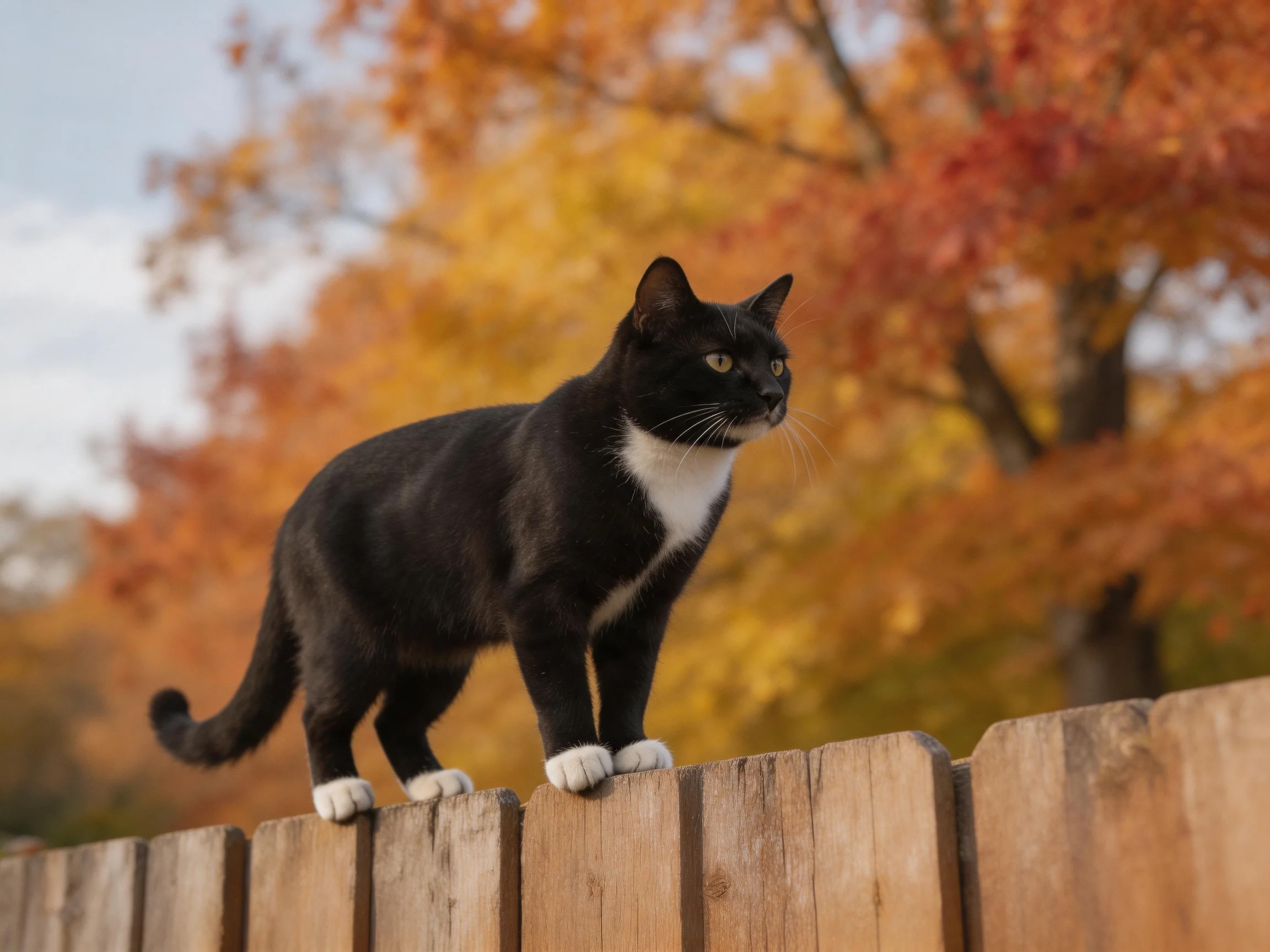 A black-and-white cat stands atop a wooden fence amid vibrant fall foliage
