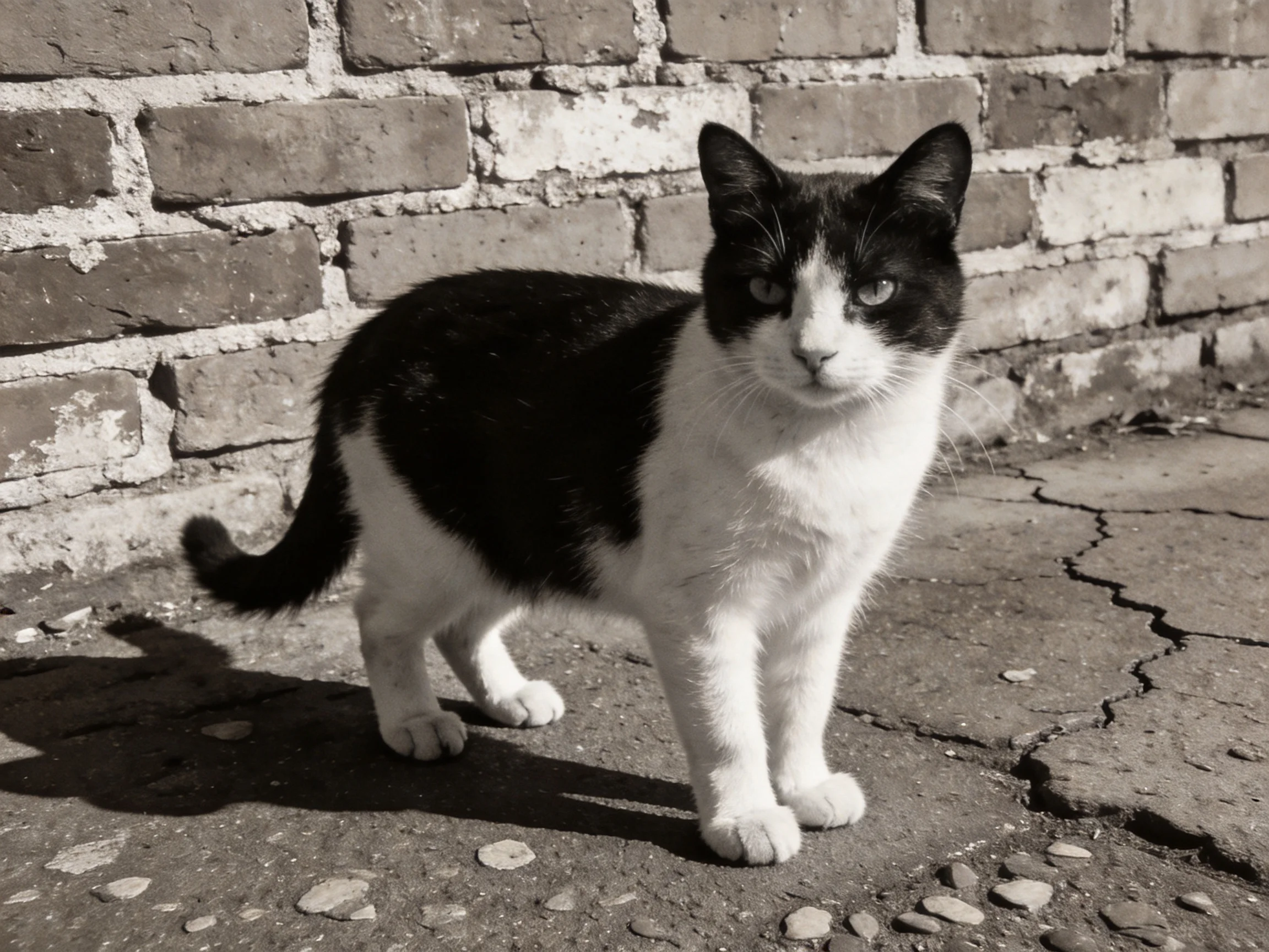 A black-and-white cat stands near a weathered brick wall
