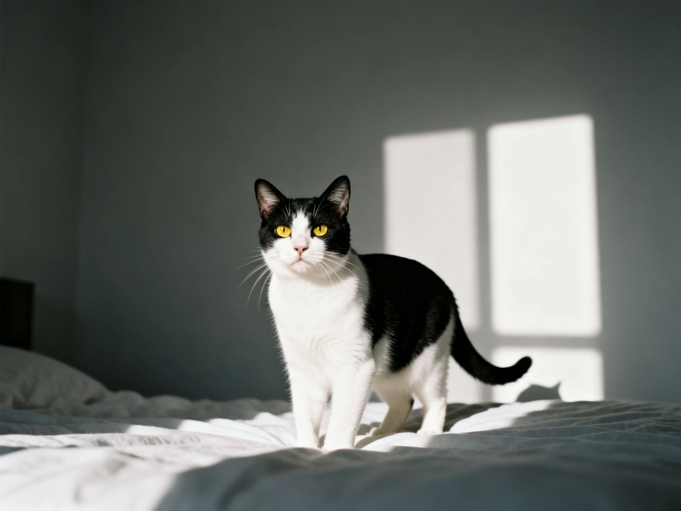 A black and white cat stands on a bed with sunlight from windows