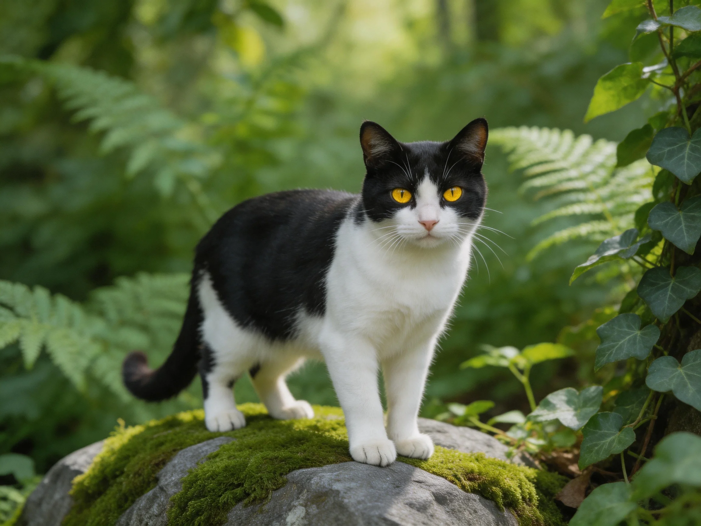 A black-and-white cat stands on a moss-laden stone among dense greenery