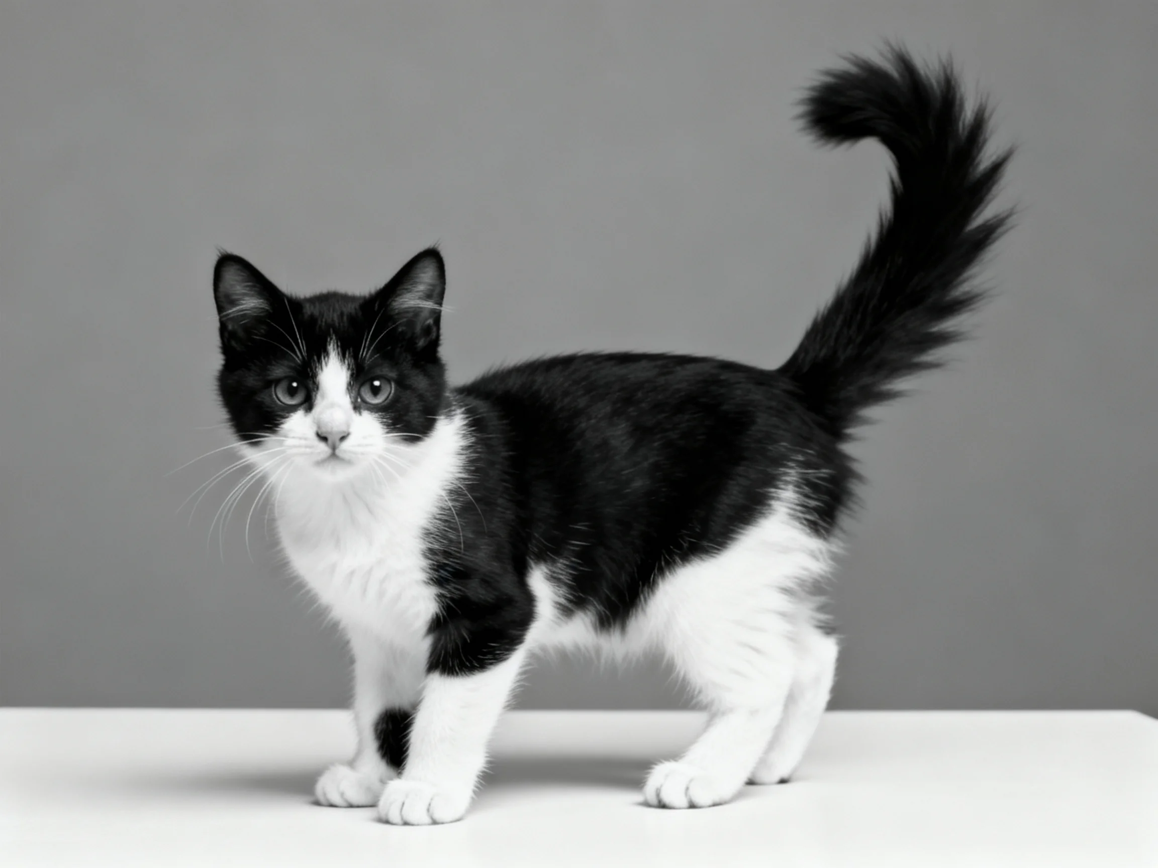 A black and white cat stands on a plain surface with a gray backdrop