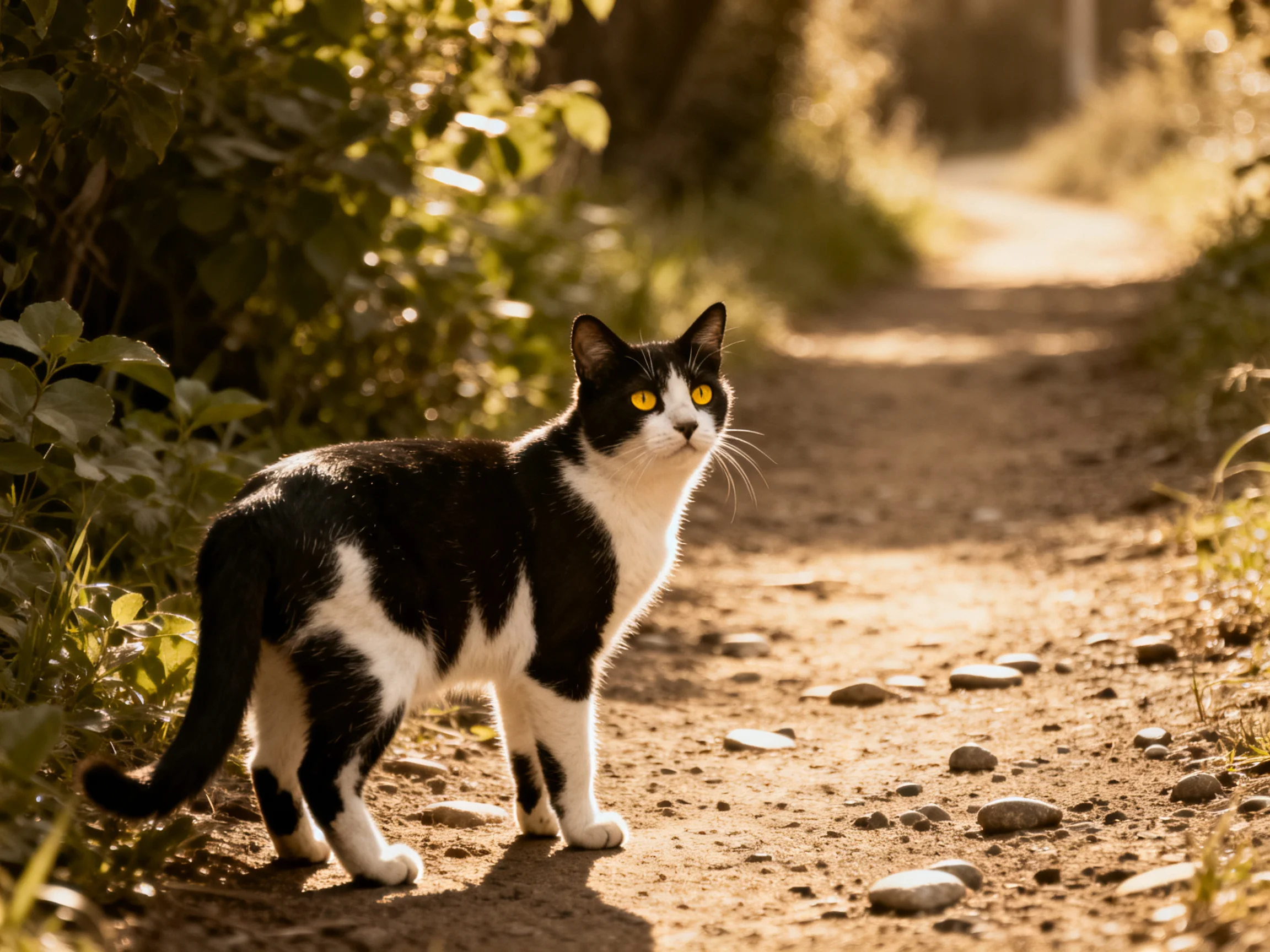 A black-and-white cat stands alert on a sunlit dirt path near foliage.
