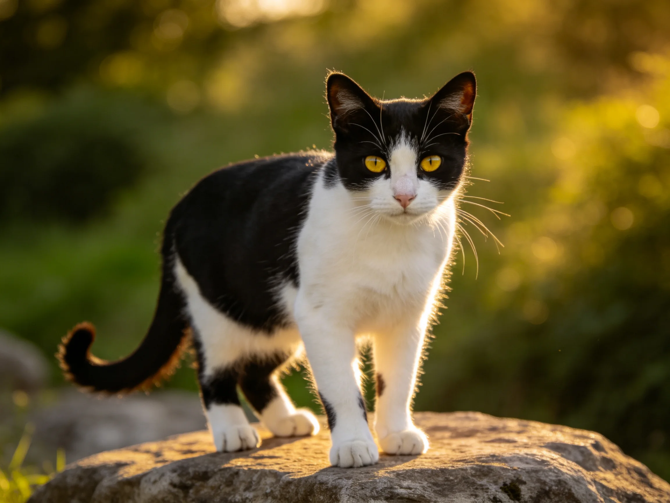 A black-and-white cat stands on a rock in a sunlit outdoor setting.