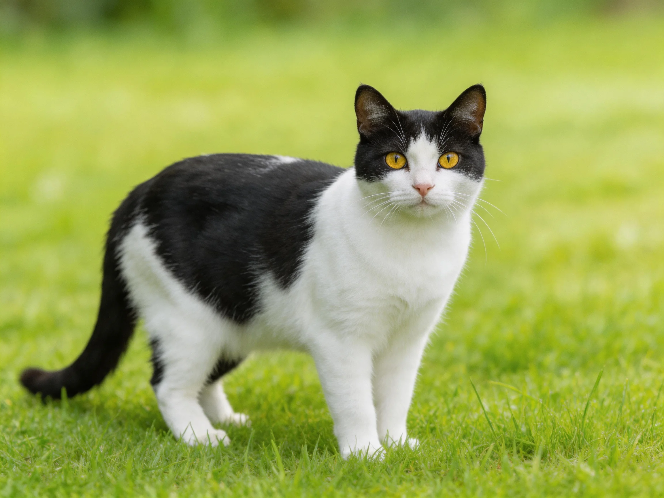 A black-and-white cat stands on lush green grass