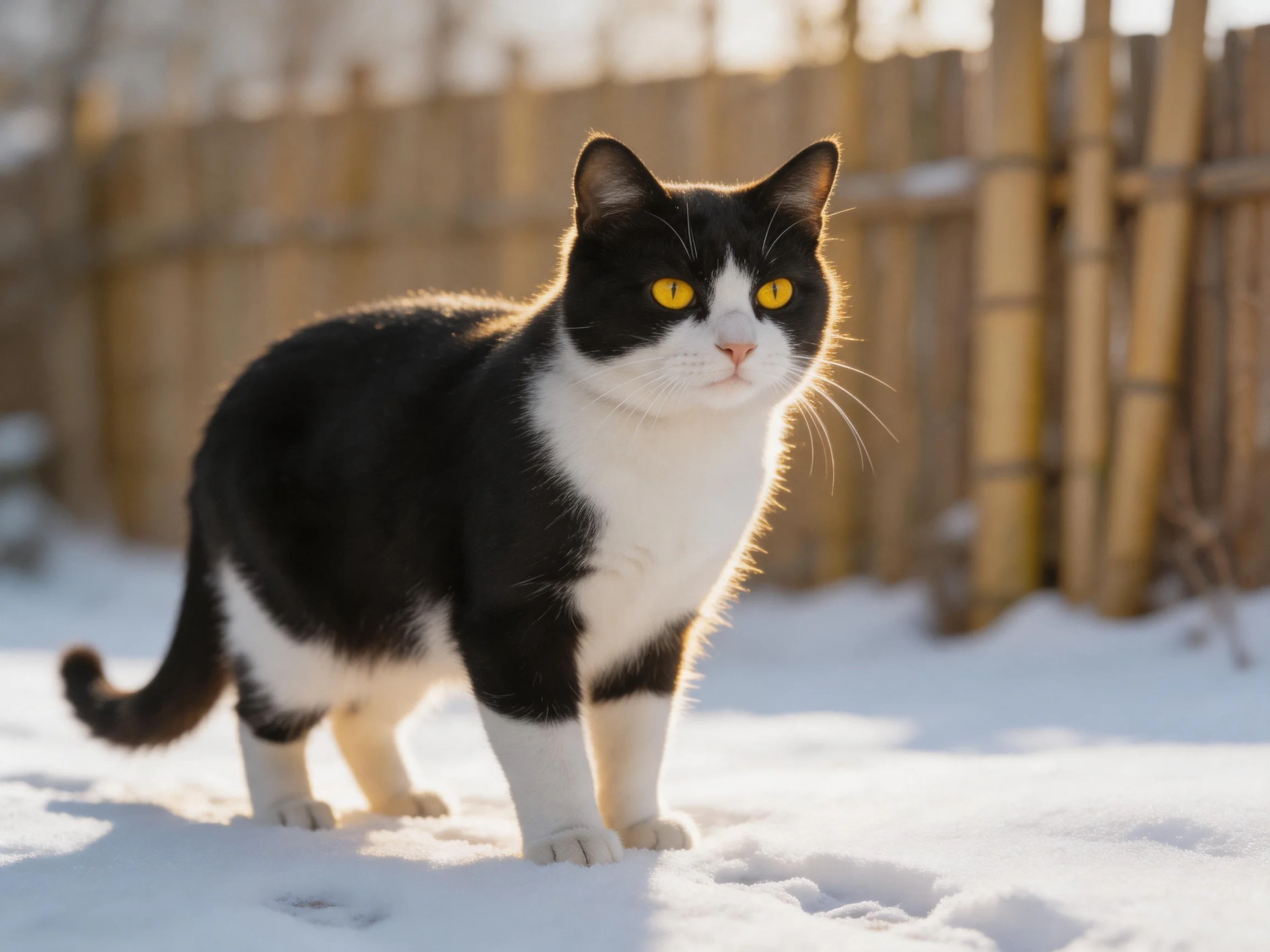 A black and white cat stands on snow near a bamboo fence