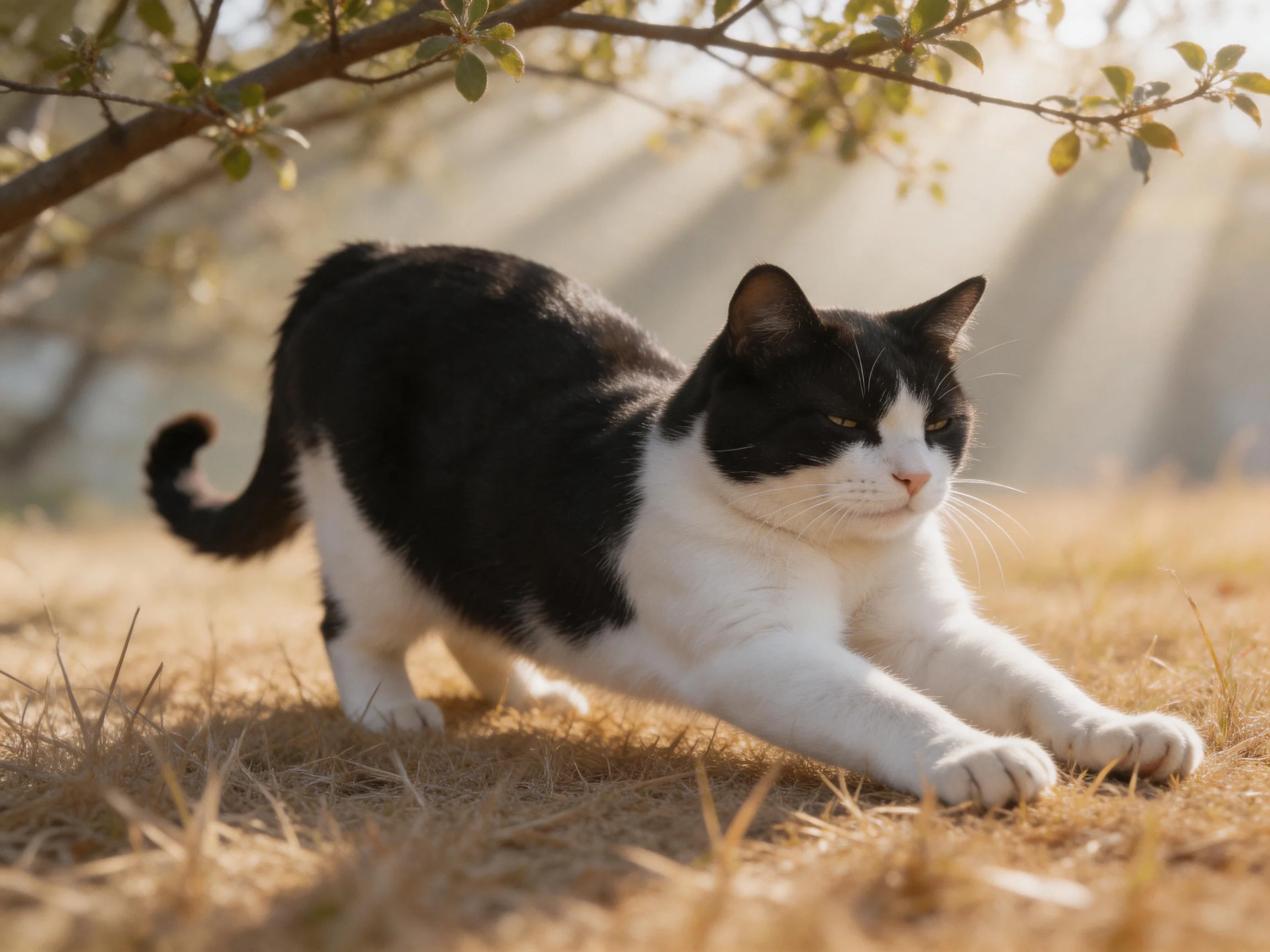 A black and white cat stretches on golden grass beneath leafy branches