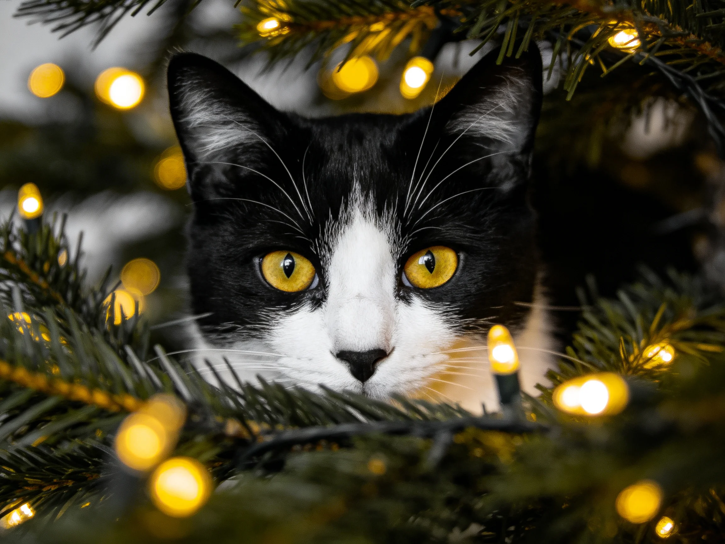 A black and white cat peeks from behind green pine branches adorned with golden lights.