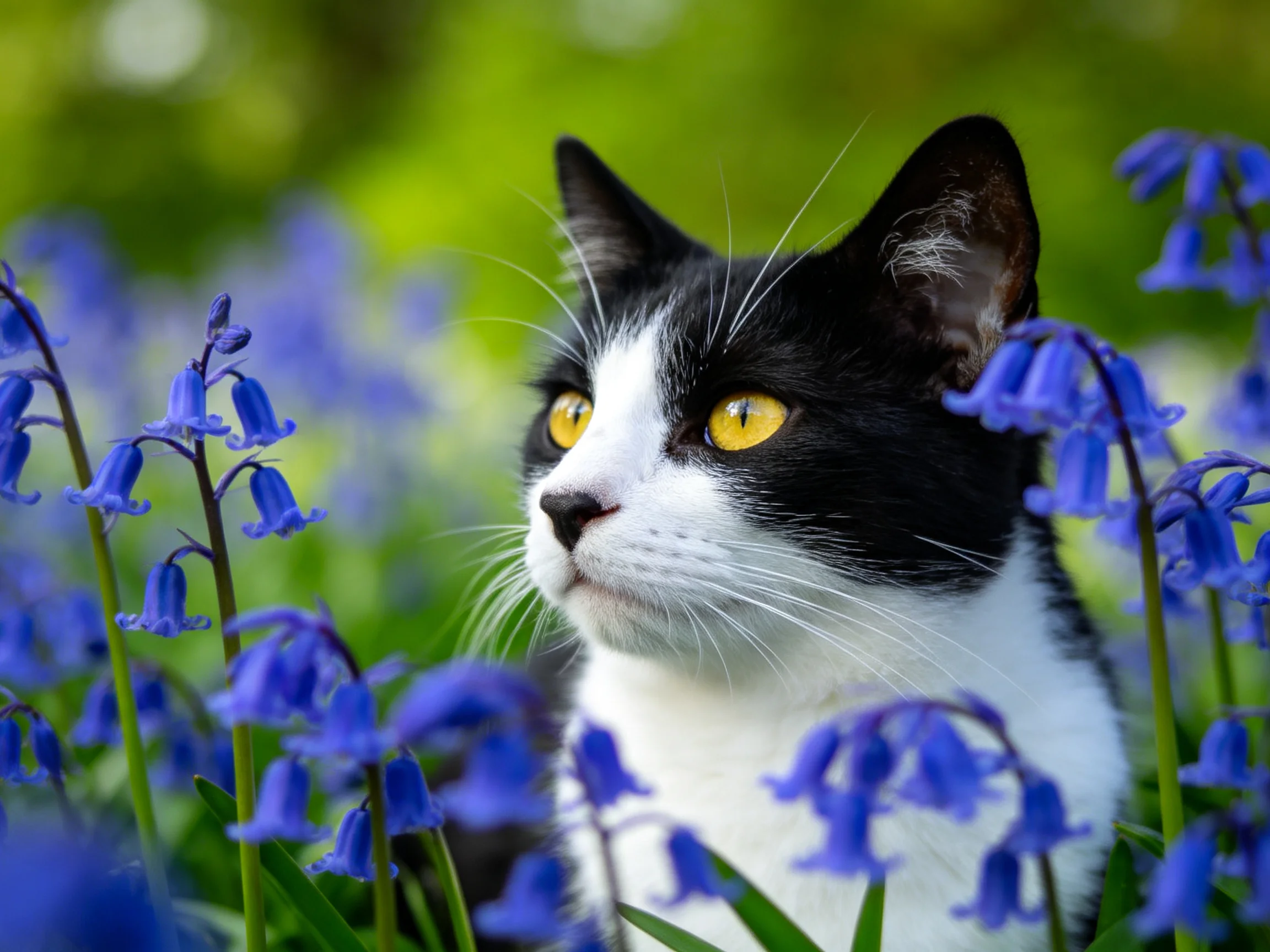 A black-and-white cat surrounded by vibrant bluebell flowers