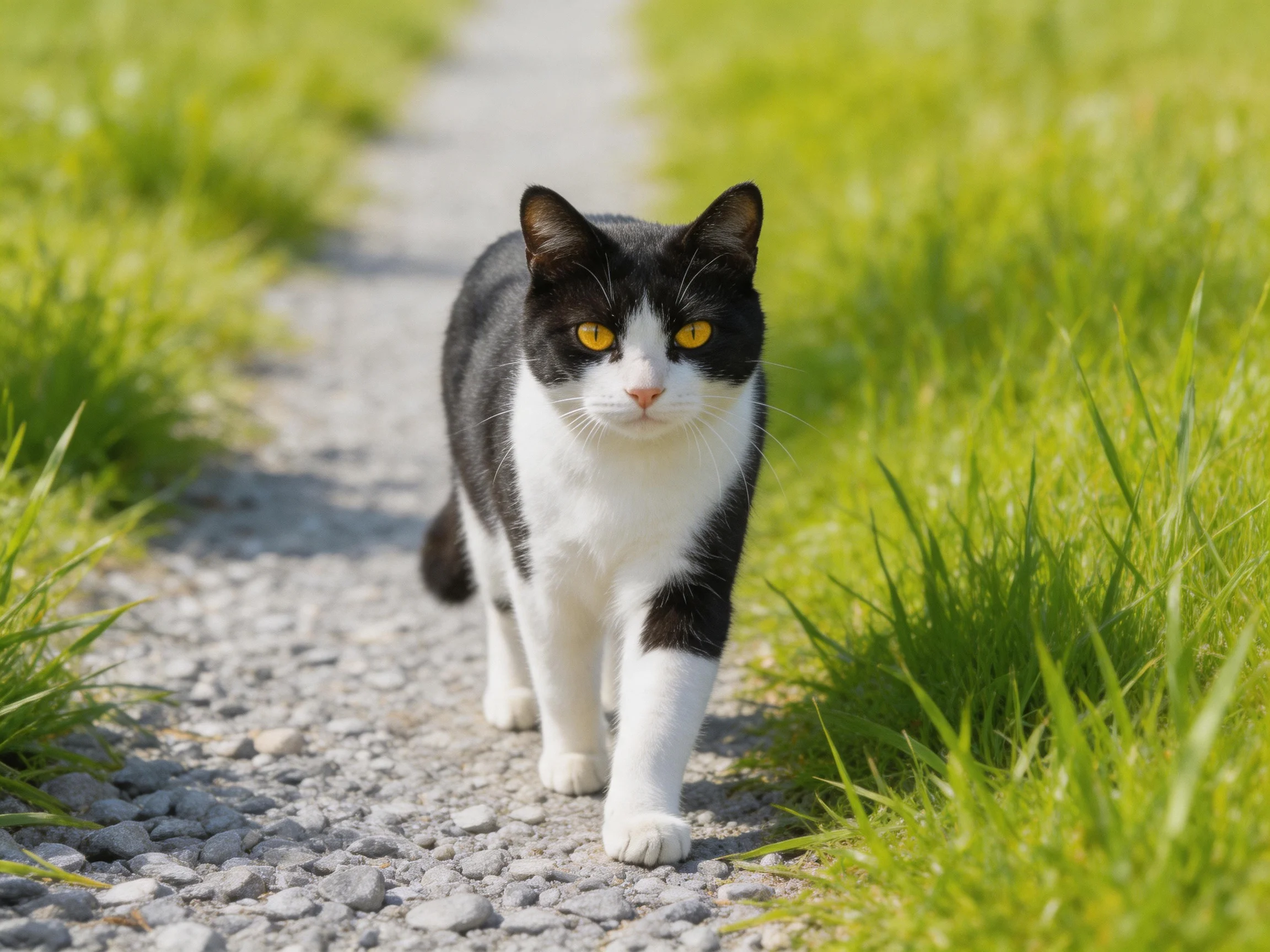 A black-and-white cat walks along a gravel path beside lush green grass