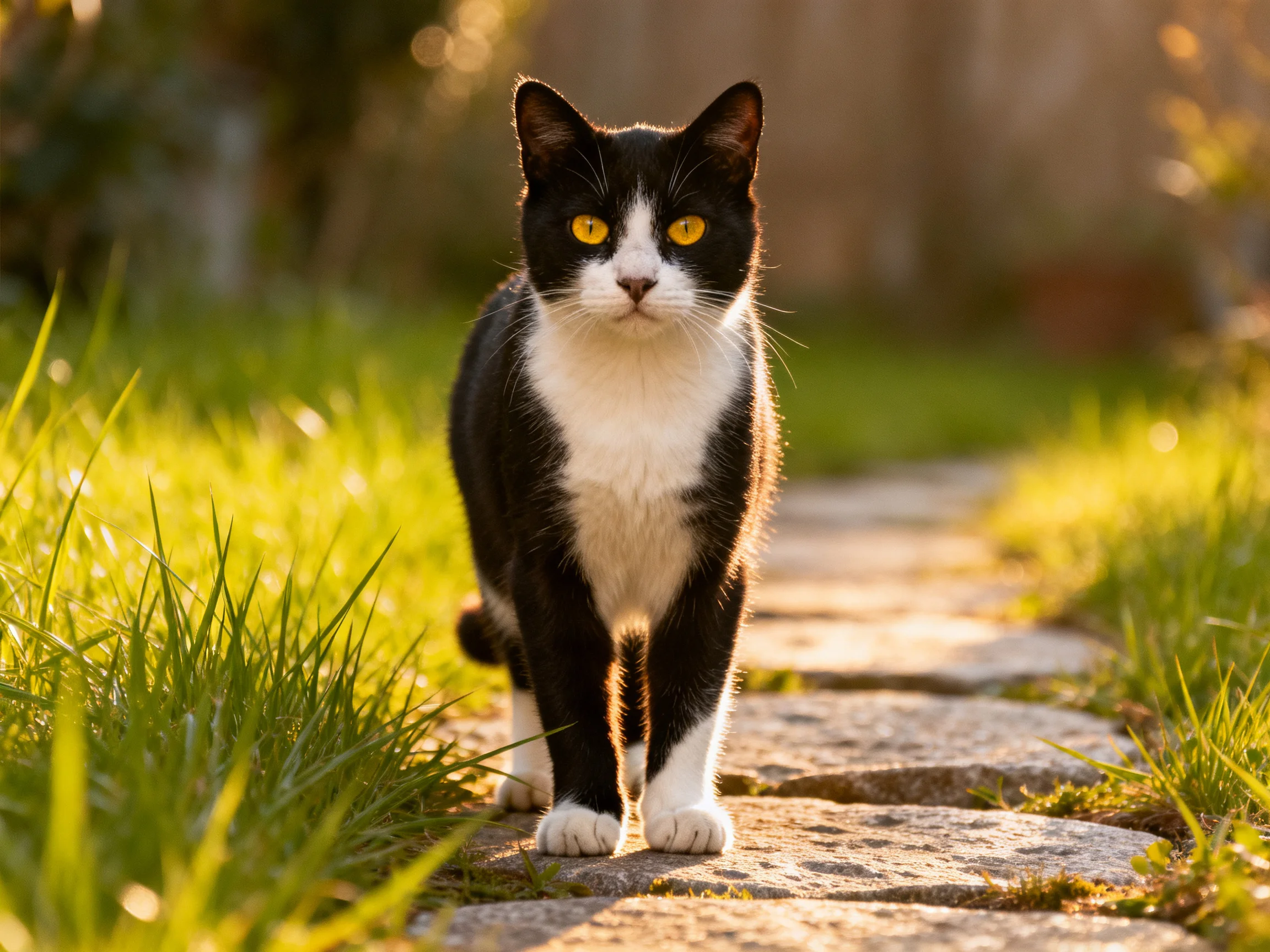 A black and white cat walks along a sunlit stone path