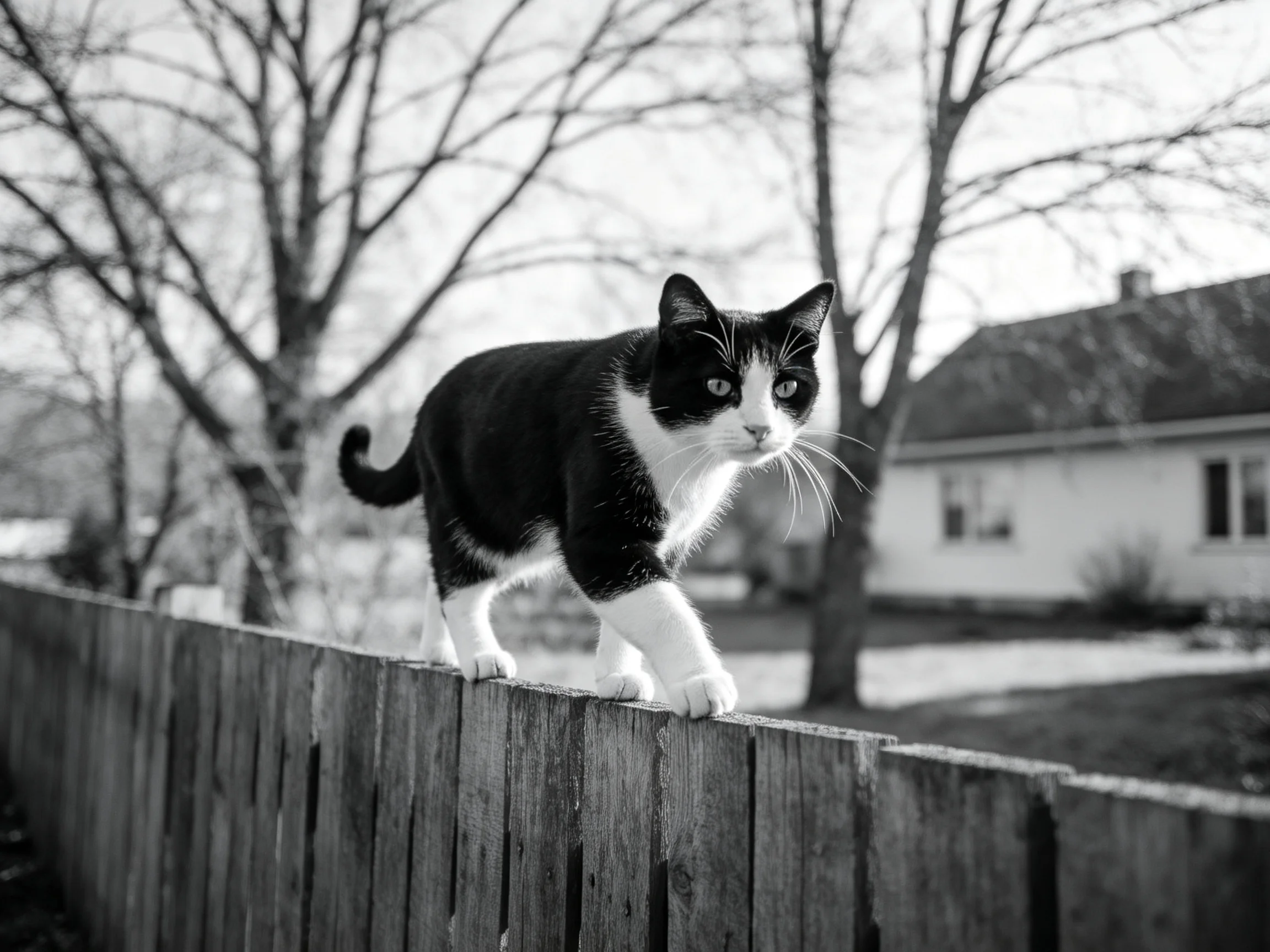 A black-and-white cat walks along a wooden fence near suburban homes