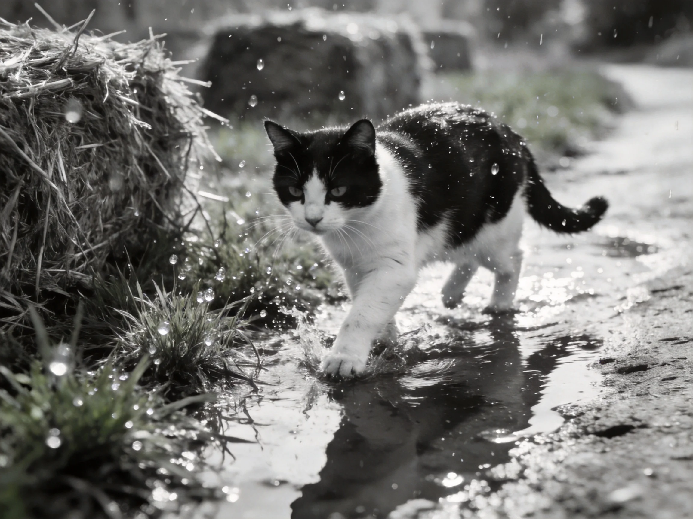 A black-and-white cat navigates a rain-drenched area adjacent to hay bales
