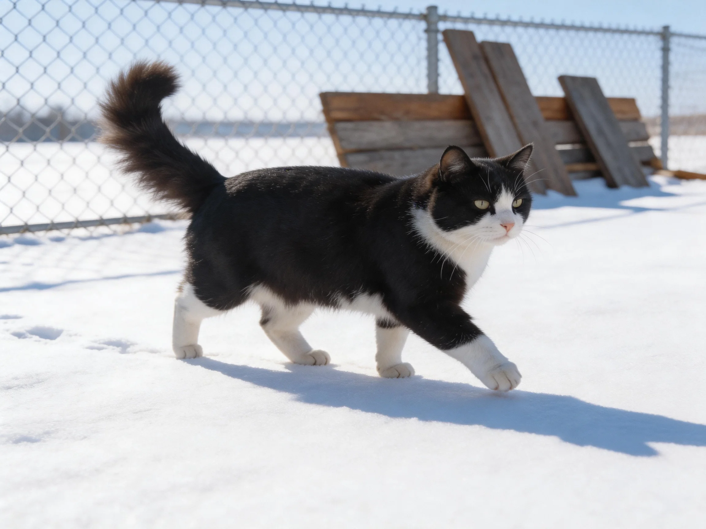 A black and white cat walks through snow near a chain-link fence
