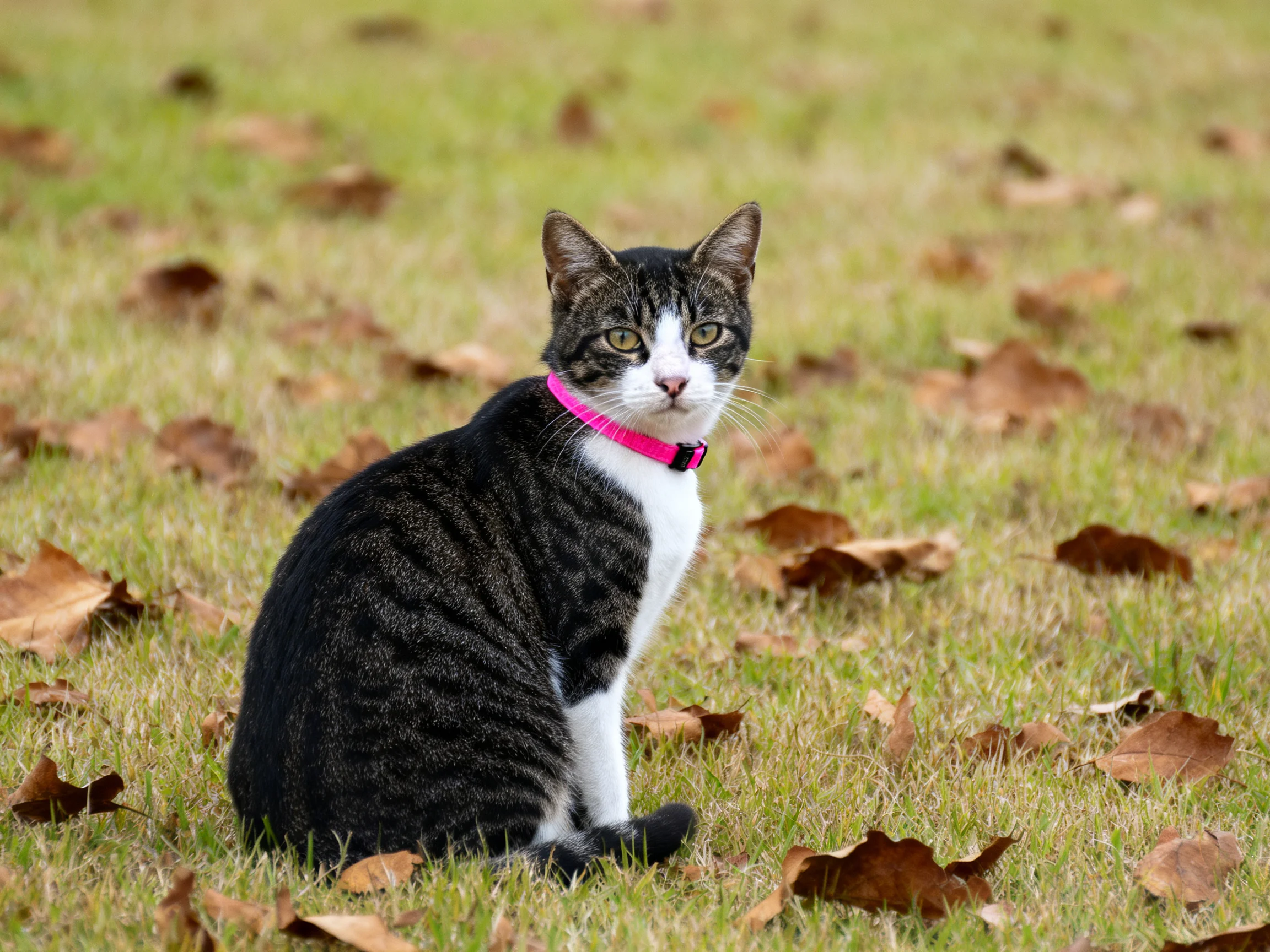 A black-and-white cat wearing a bright pink collar sits on grass with scattered autumn leaves