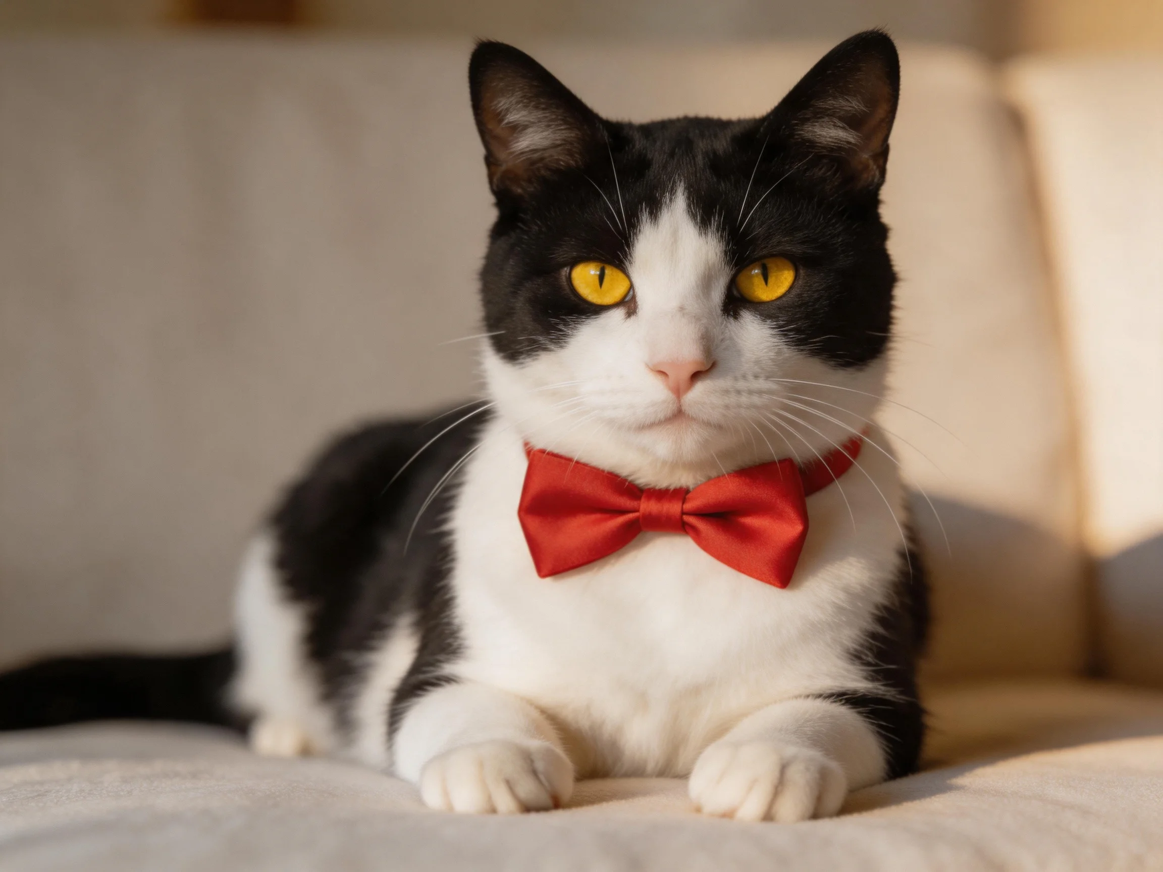 A black and white cat with a red bow tie sits on a sofa