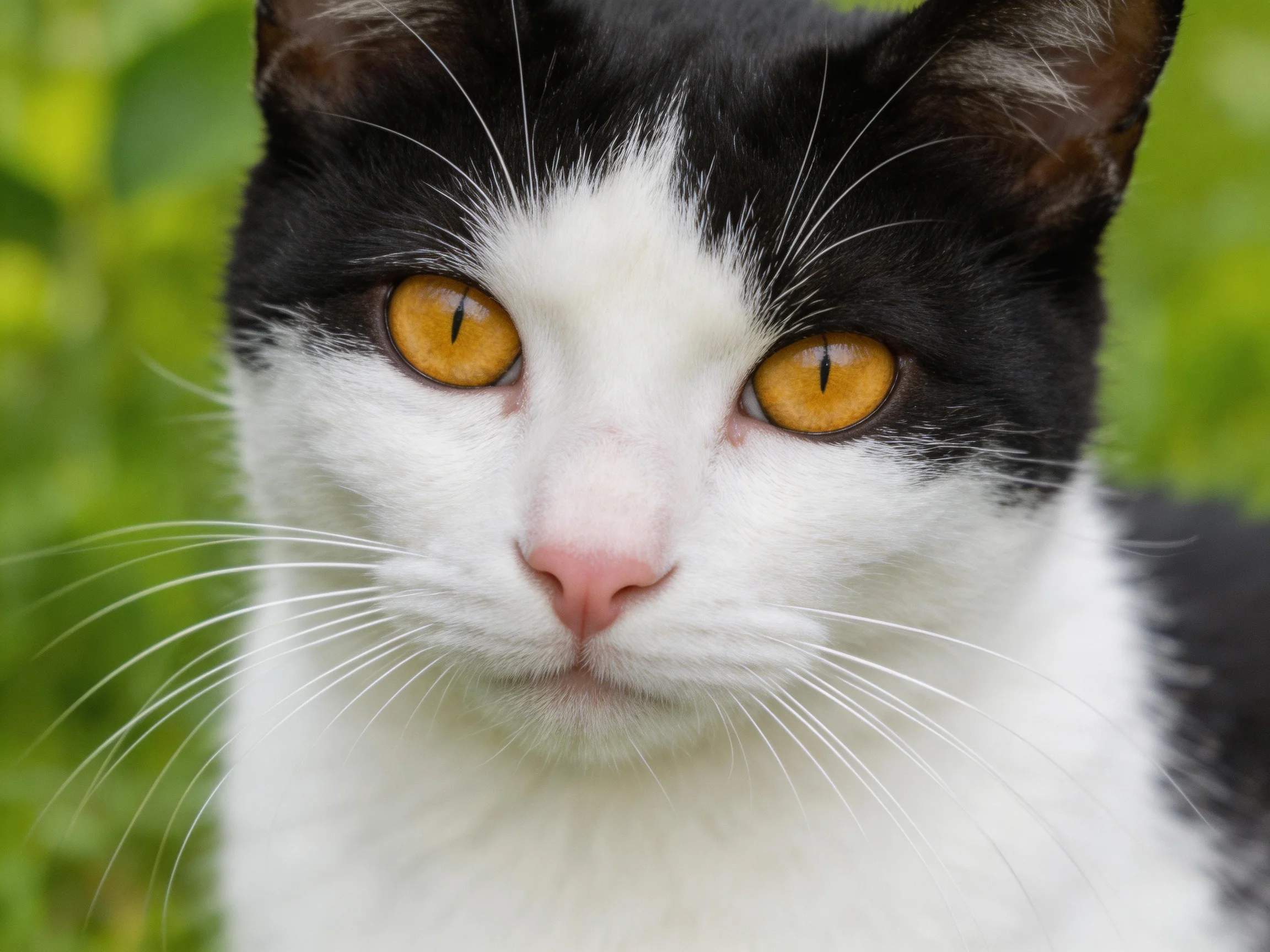 A black-and-white cat with amber eyes amid lush green foliage