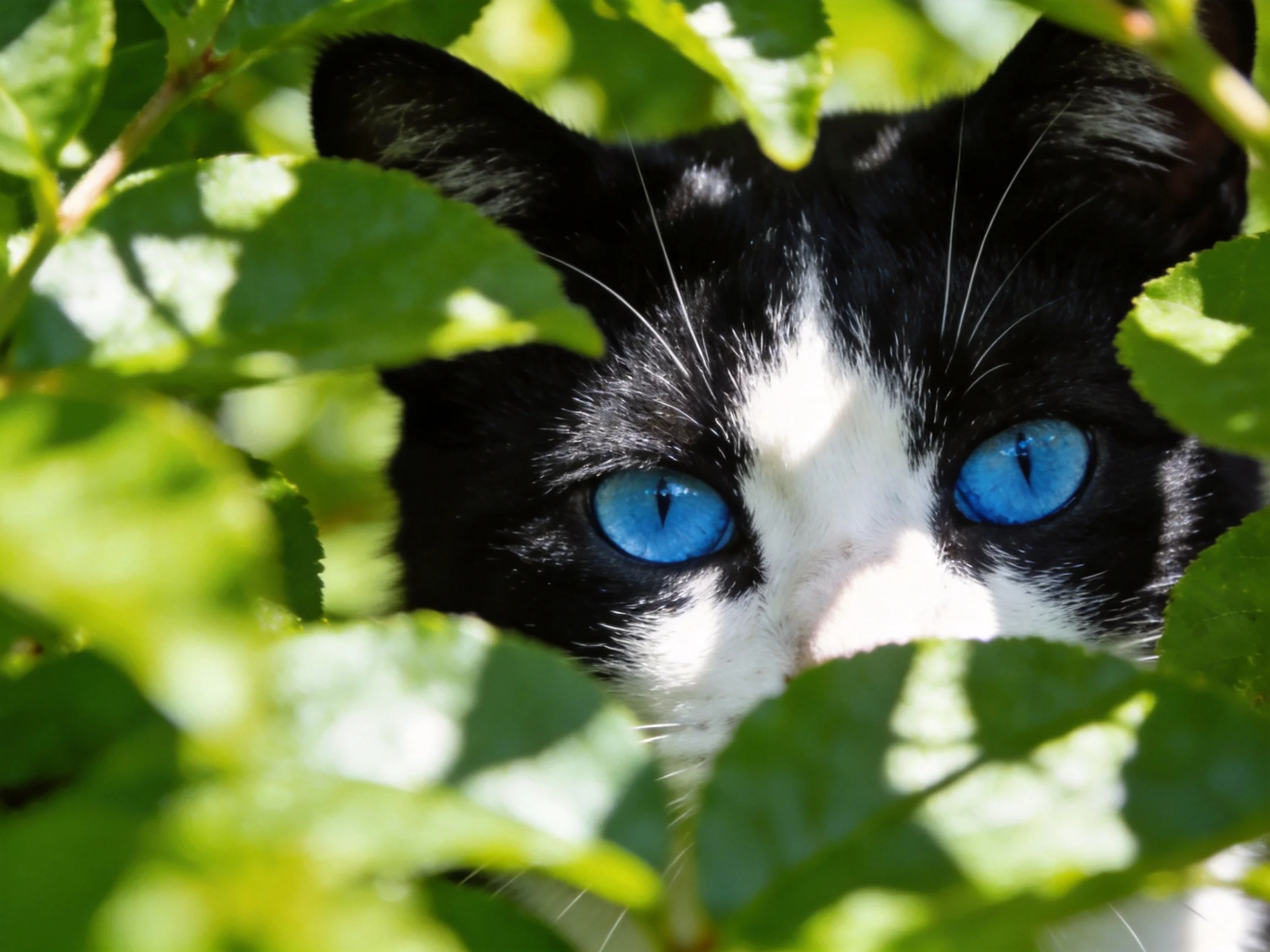 A black-and-white cat with bright blue eyes peeks from behind green leaves.