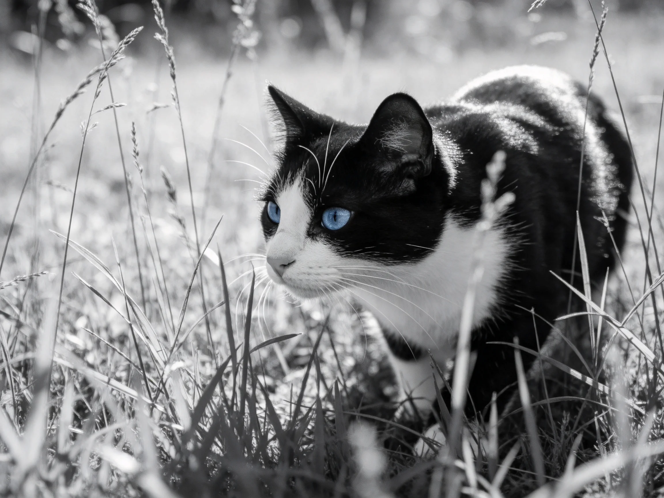 A black-and-white cat with bright blue eyes moves through tall grass